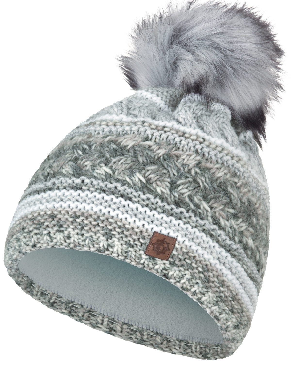 compagno Bommelmütze (1-St) Wintermütze Strickmütze Damen Winter gefüttert Beanie grau