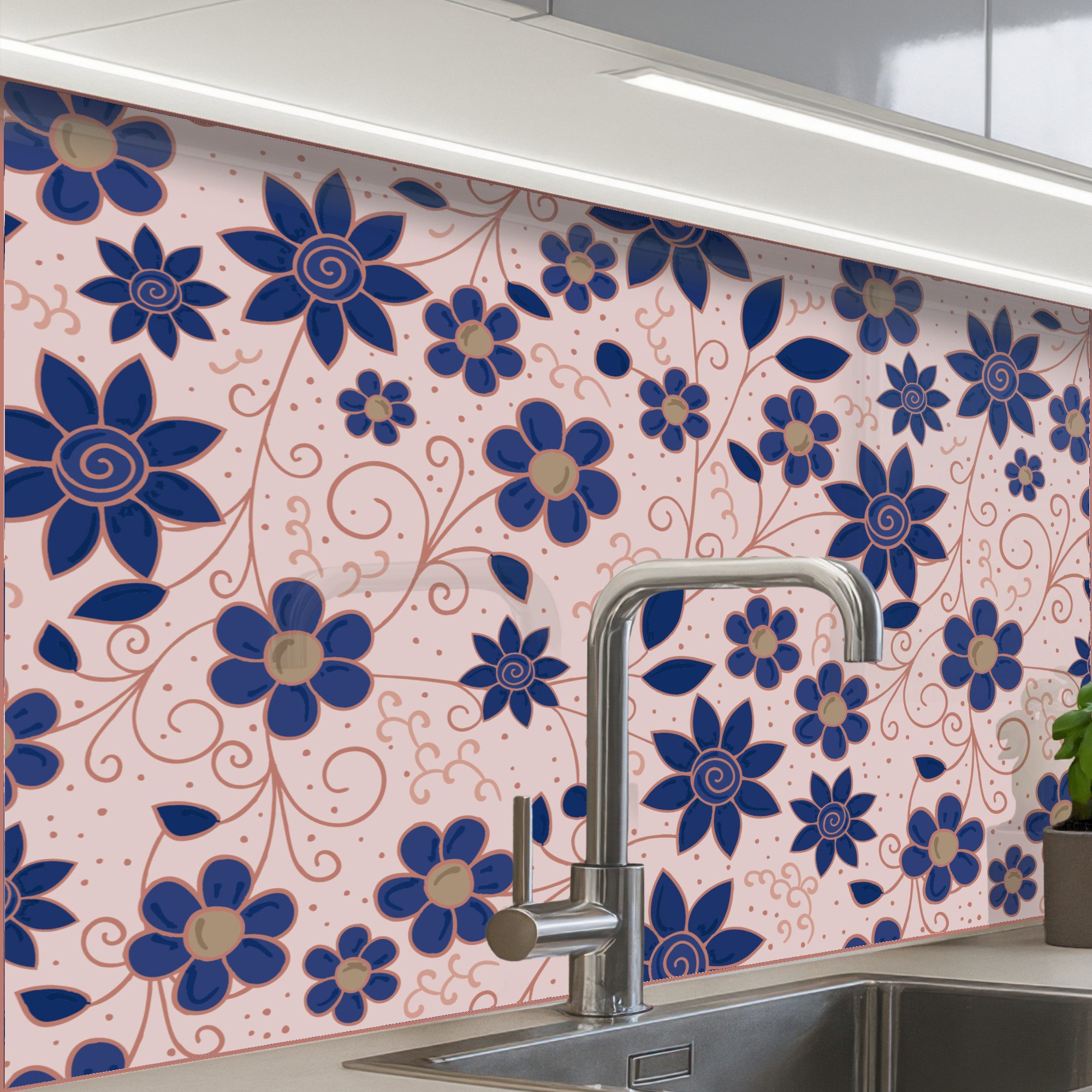KitchenYeah Küchenrückwand Muster selbstklebend (keine Folie) Blumen - Blau - Japan - Muster, (1-tlg), Spritzschutz, Küche, Rückwand, Küchenwand, Küchenfront, 30x20 cm