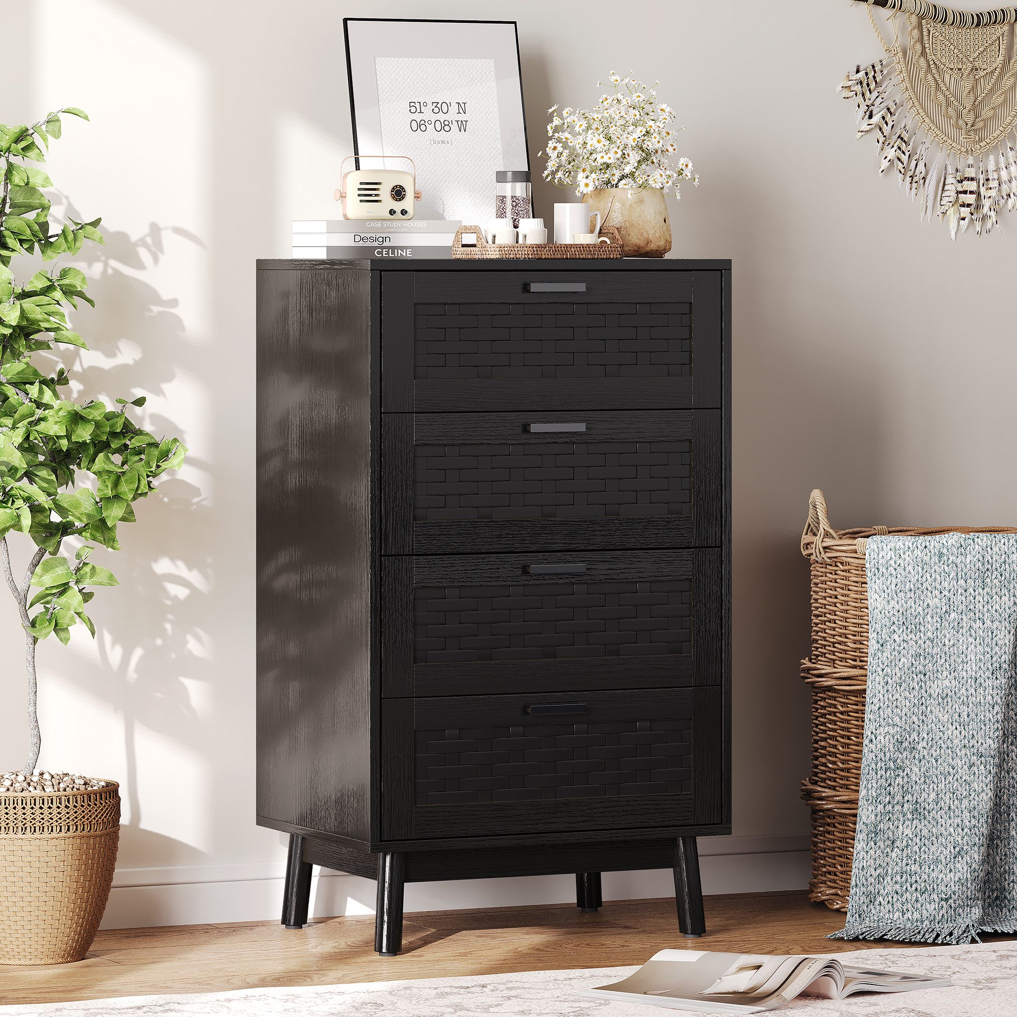 FUROKOY Kommode Sideboard mit 4 Schubladen Rattanschrank Küchenschrank, Schlafzimmerschrank Holz,Schwarz