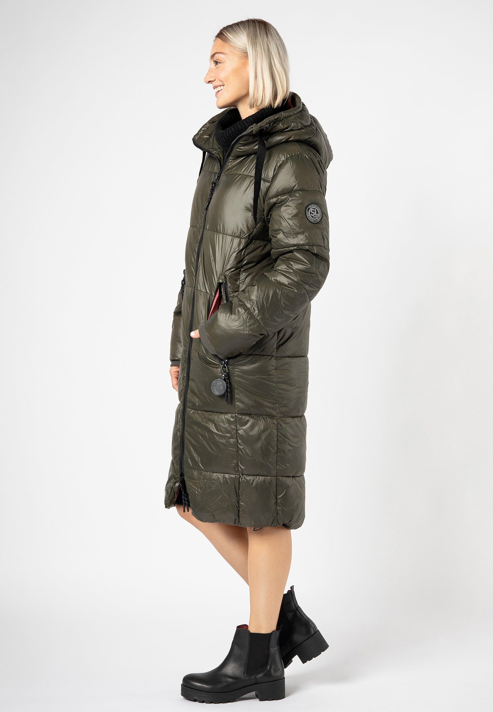 SUBLEVEL Wintermantel Langer Damen Steppmantel mit großer Kapuze