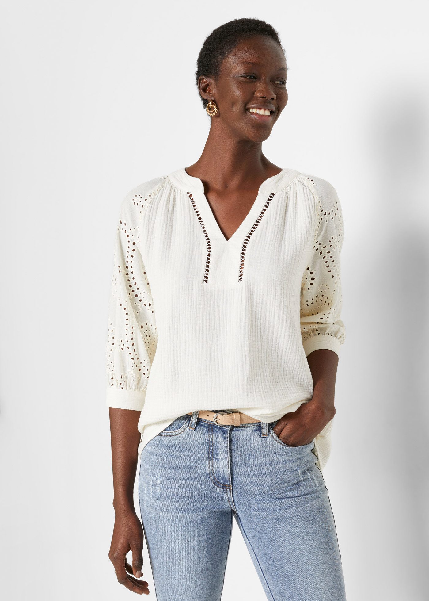 bonprix Tunika figurumspielende Passform, mit 3/4-Ärmeln, aus reiner Baumwolle