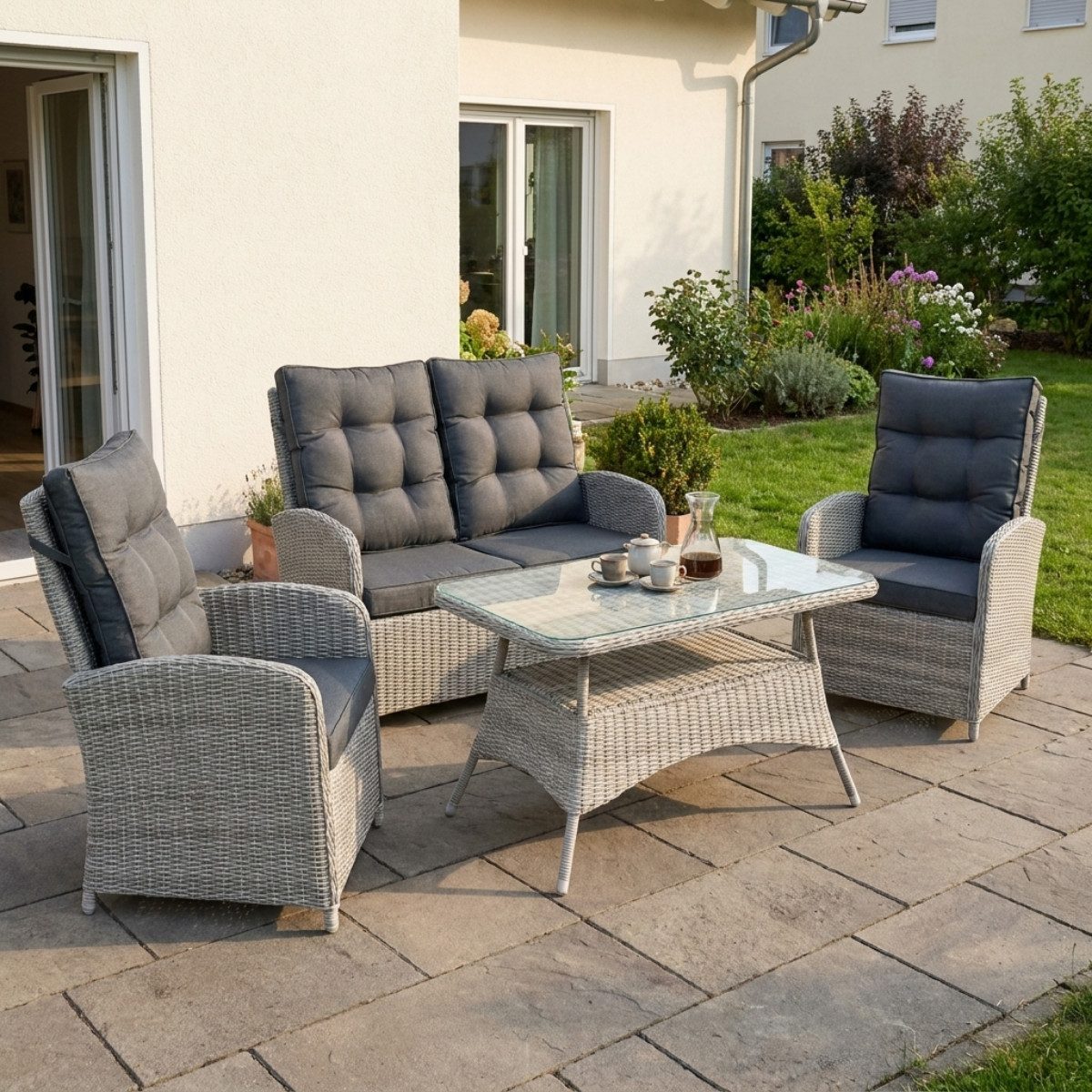 bellavista - Home&Garden® Gartenlounge-Set Polyrattan Lounge-Set Monte Carlo 4-teilig grau Aluminium, (Set, 4-tlg., für 4 Personen), grau, Polyrattan, für 4 Personen, wetterfest - Garten, Terrasse