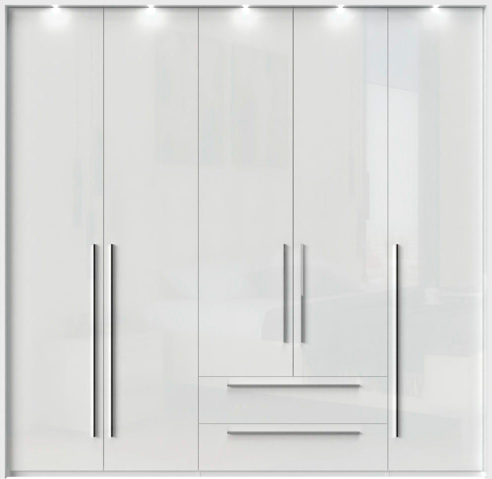 OTTO home Drehtürenschrank Piano, inklusive Rahmen und Beleuchtung, soft-close-Funktion (viele Breiten zur Auswahl, 226cm hoch, mit jeweils 2 Schubladen) beige oder weiß, UV lackiert, Hochglanzfronten, FSC-zertifiziert