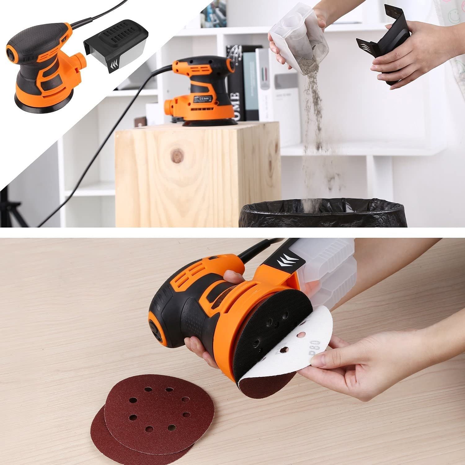DOVAMAN Exzenterschleifer 125 mm, 350W, 6 variable Geschwindigkeit, 12 Schleifscheiben, max. 13000 U/min, mit Kabel, Ergonomischer Griff