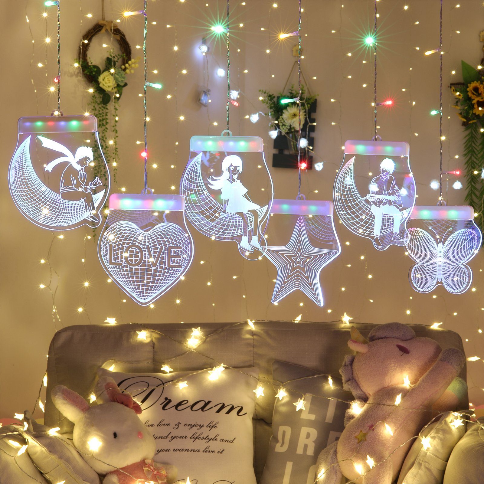 Sunicol LED-Lichterkette LED Lichtervorhang, Dimmbare Twinkle Licht, Timer mit Fernbedienungen, Party Weihnachten Innen Hochzeit Deko Mehrfarbig