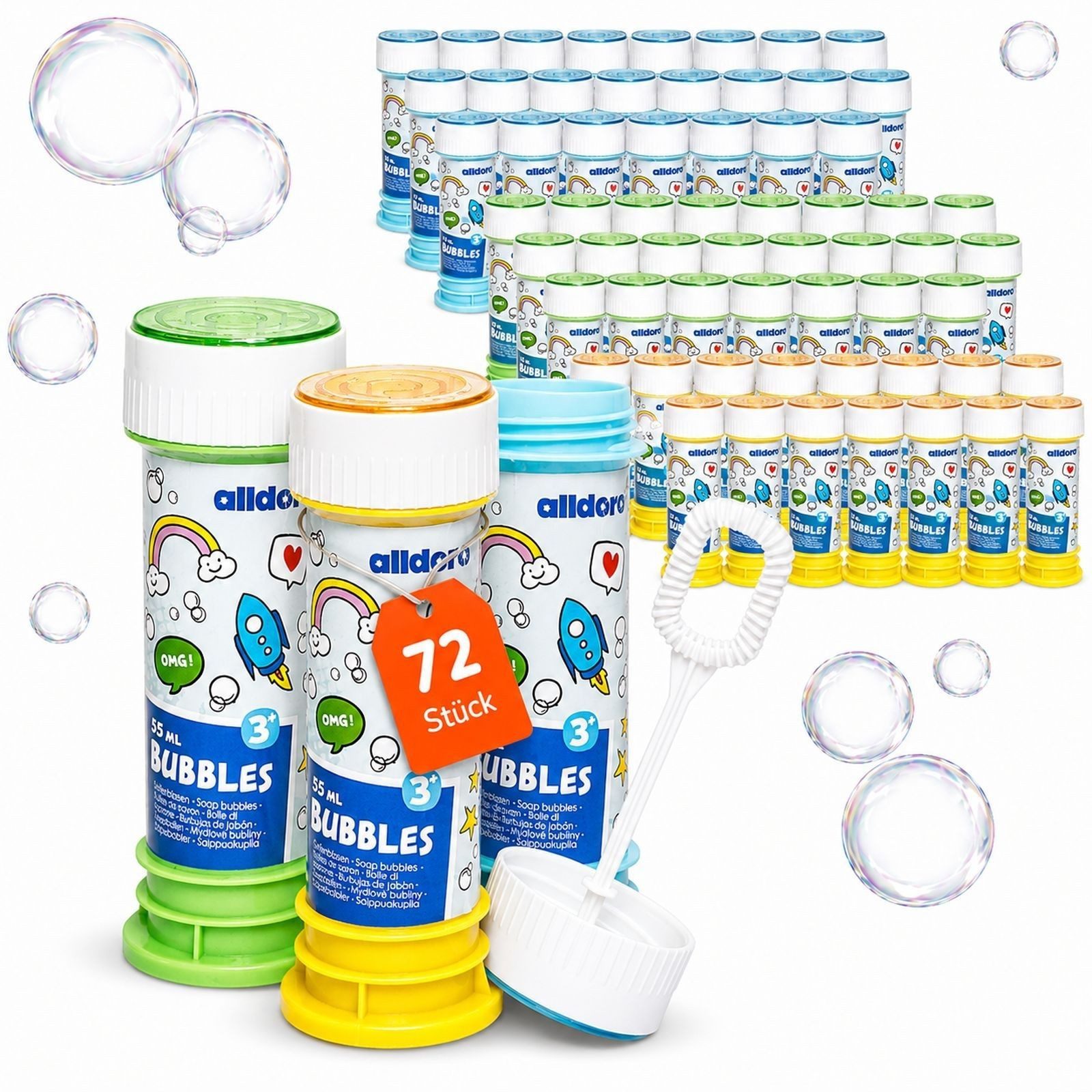 alldoro Seifenblasenstab Seifenblasen-Set, Vorratspack mit 72 Seifenblasenstäben für Kinder, Bubbles für Party, Kindergeburtstag, Hochzeit & Mitgebsel ab 3 Jahren