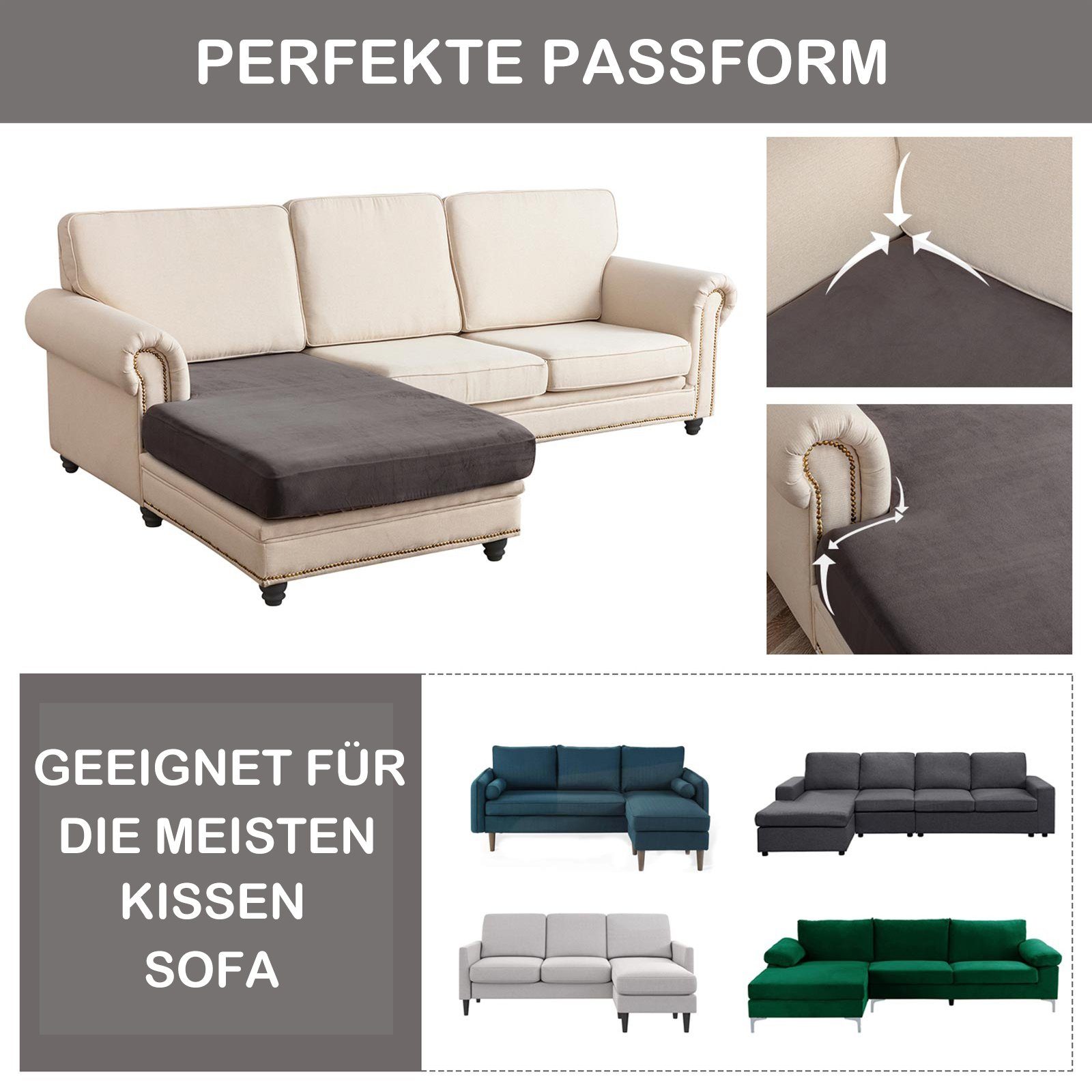 Sofahusse 1/3 Stück, L-Sofa, Rosnek Plüschsamt, für Grau elastisch