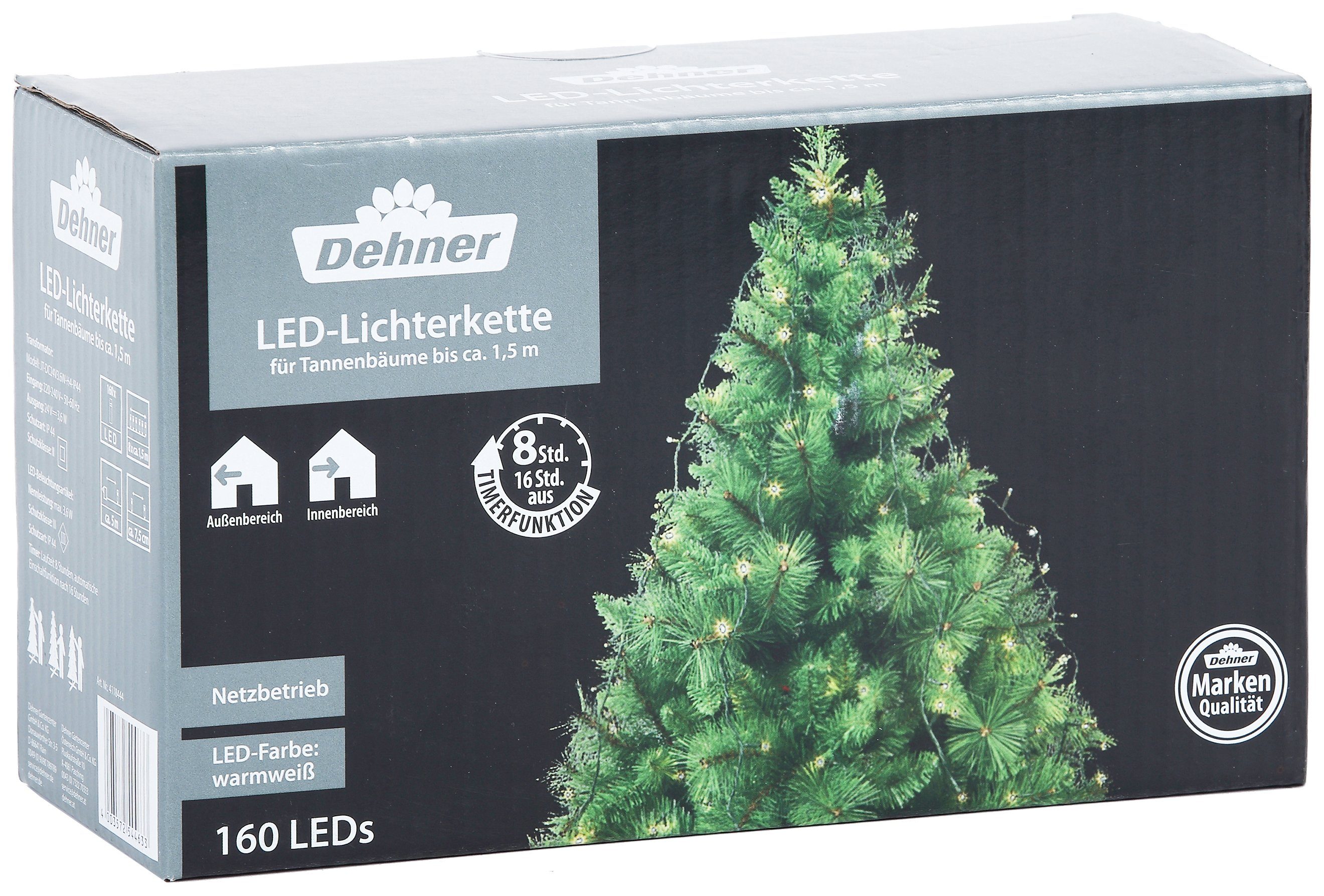 Dehner LED-Lichterkette LED Lichterkette für Weihnachtsbäume, 160 LEDs, mit warmweißem Licht, Довжина 150 cm, 3.6 W, Schutzklasse II/ IP44