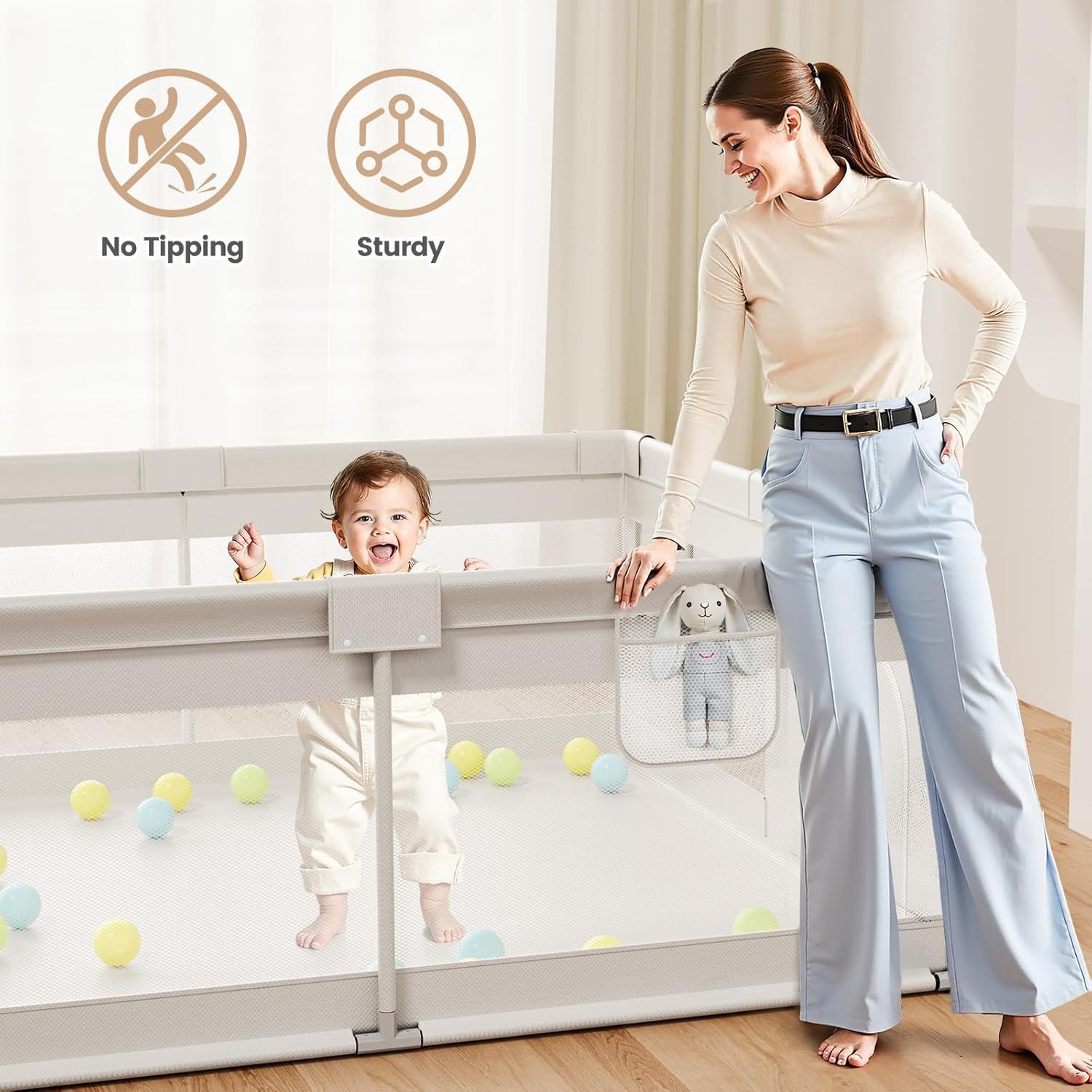 MC Star Laufstall 175x150cm - Großes Laufgitter Baby, XXL Sicherheitsspielplatz (Für Kinder Mit Atmungsaktivem Netzdesign, Rutschfeste Basis, 2 Zugringe (175x150X64 cm)