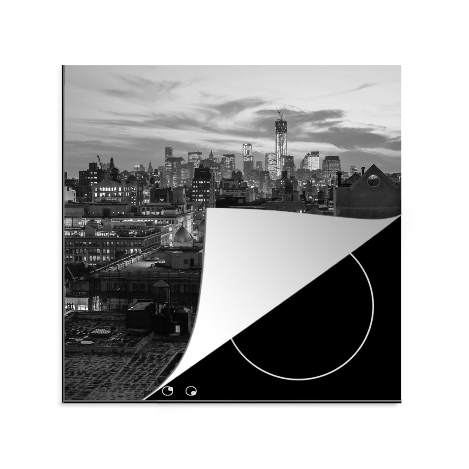 MuchoWow Herdblende-/Abdeckplatte Manhattan - Skyline - Schwarz - Weiß, Vinyl, (1 tlg), 78x78 cm, Ceranfeldabdeckung, Arbeitsplatte für küche