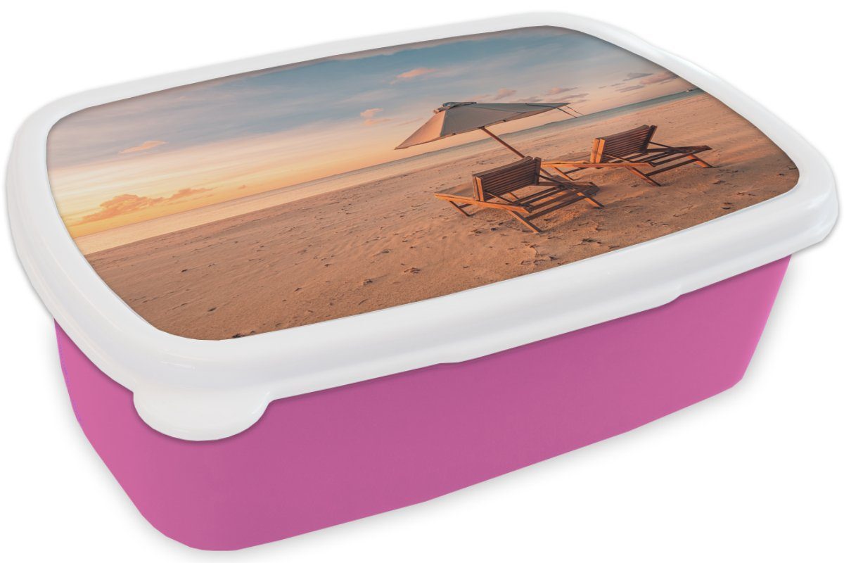 Kinder, (2-tlg), Brotbox Lunchbox rosa Kunststoff, Snackbox, Sonnenschirm, Kunststoff Mädchen, MuchoWow Strand Brotdose - für - Sonnenliege Erwachsene,