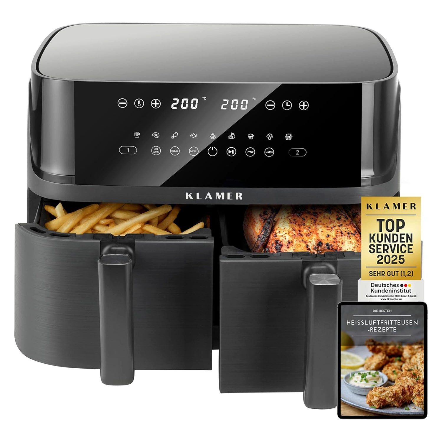 KLAMER Heißluftfritteuse, 3000 W, Zwei separate Fächer, Smart-Funktionen, Mehrere Programme & Steuerung
