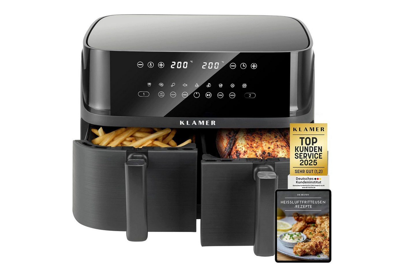KLAMER Heißluftfritteuse Heißluftfritteuse Duo 9 L – Doppelkammer Airfryer mit 2 Körben, 3000 W, Zwei separate Fächer, Smart-Funktionen, Mehrere Programme & Steuerung