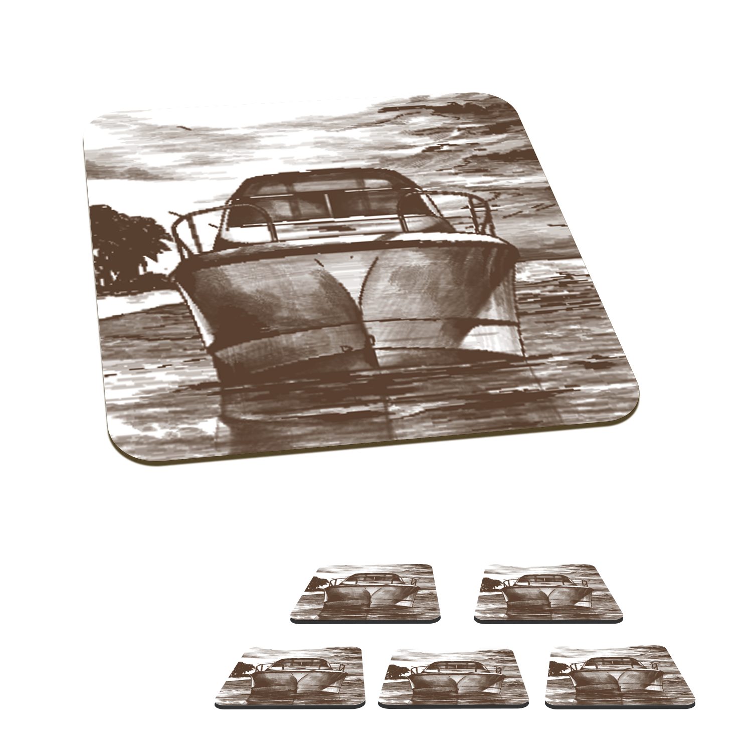 MuchoWow Glasuntersetzer Boot - Meer - Schwarz - Weiß, Zubehör für Gläser, 6-tlg., Glasuntersetzer, Tischuntersetzer, Korkuntersetzer, Untersetzer, Tasse