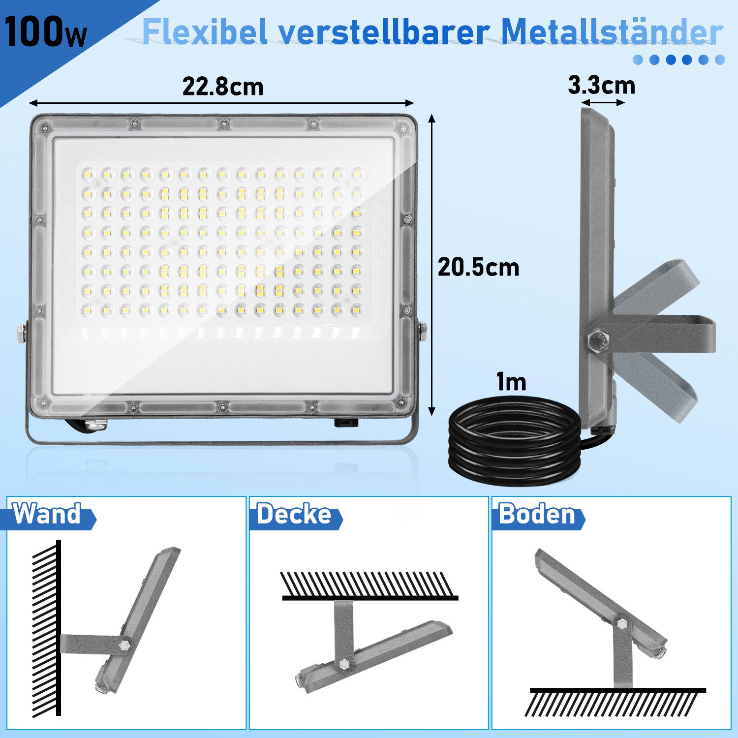 Clanmacy Flutlichtstrahler LED Flutlichtstrahler 100W Außenbeleuchtung Floodlight LED, Außenstrahler, Kaltweiß – Bild 2 von 5