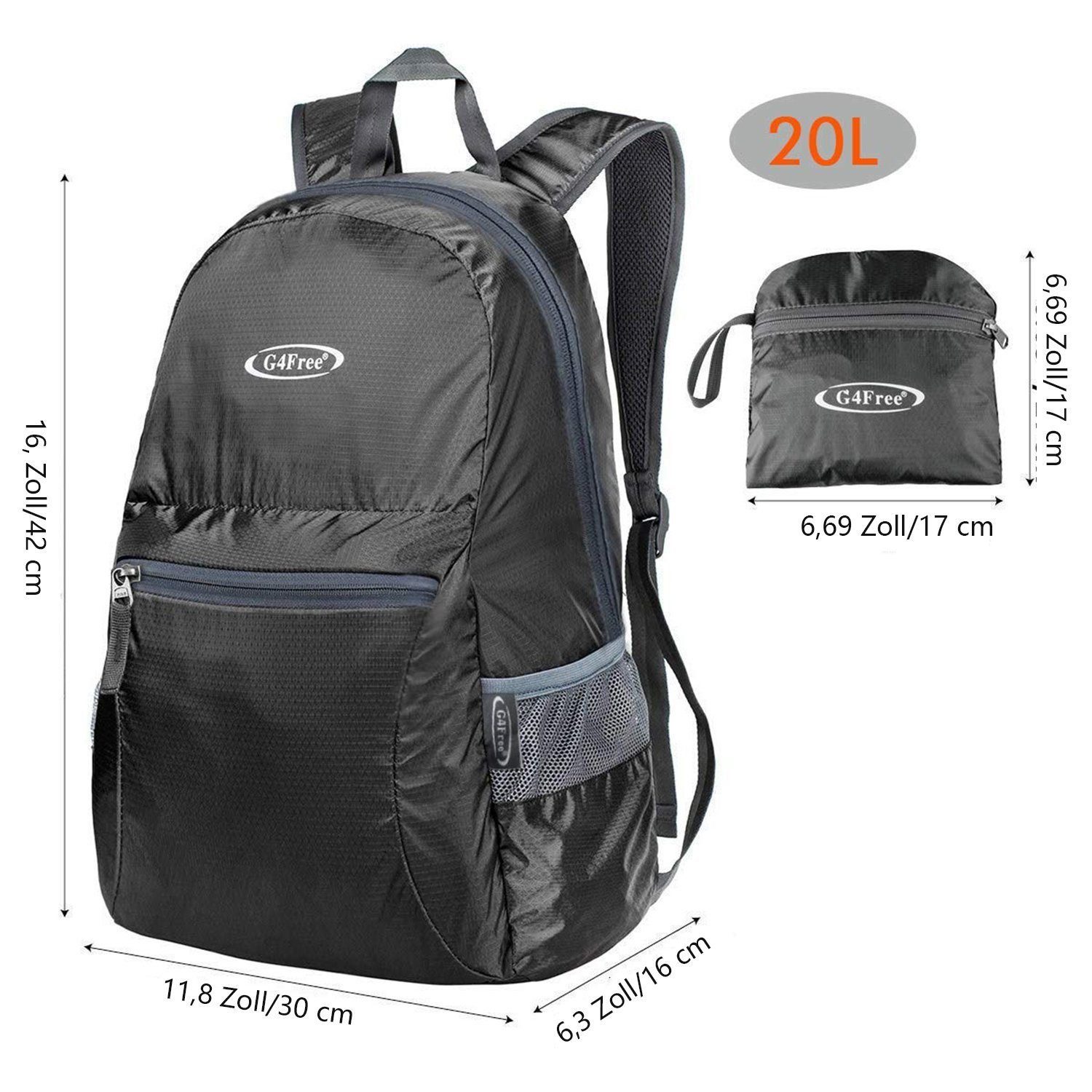 Faltbarer 20L Freizeitrucksack, Schwarz Wanderrucksack G4Free Ultraleichter