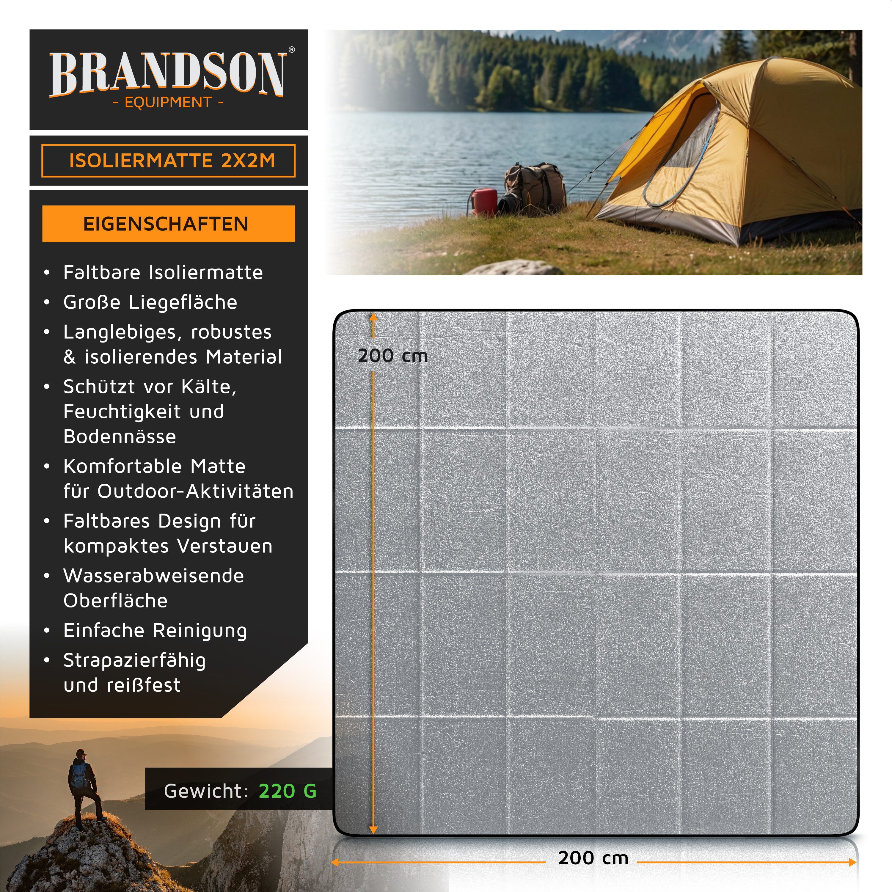 Brandson Isomatte faltbare Isoliermatte, Campingmatte, outdoor, wasserabweisend, (1-tlg), ultraleicht, Aluminium, EPE-Schaum, pflegeleicht, 2x2 m, 200x200 cm