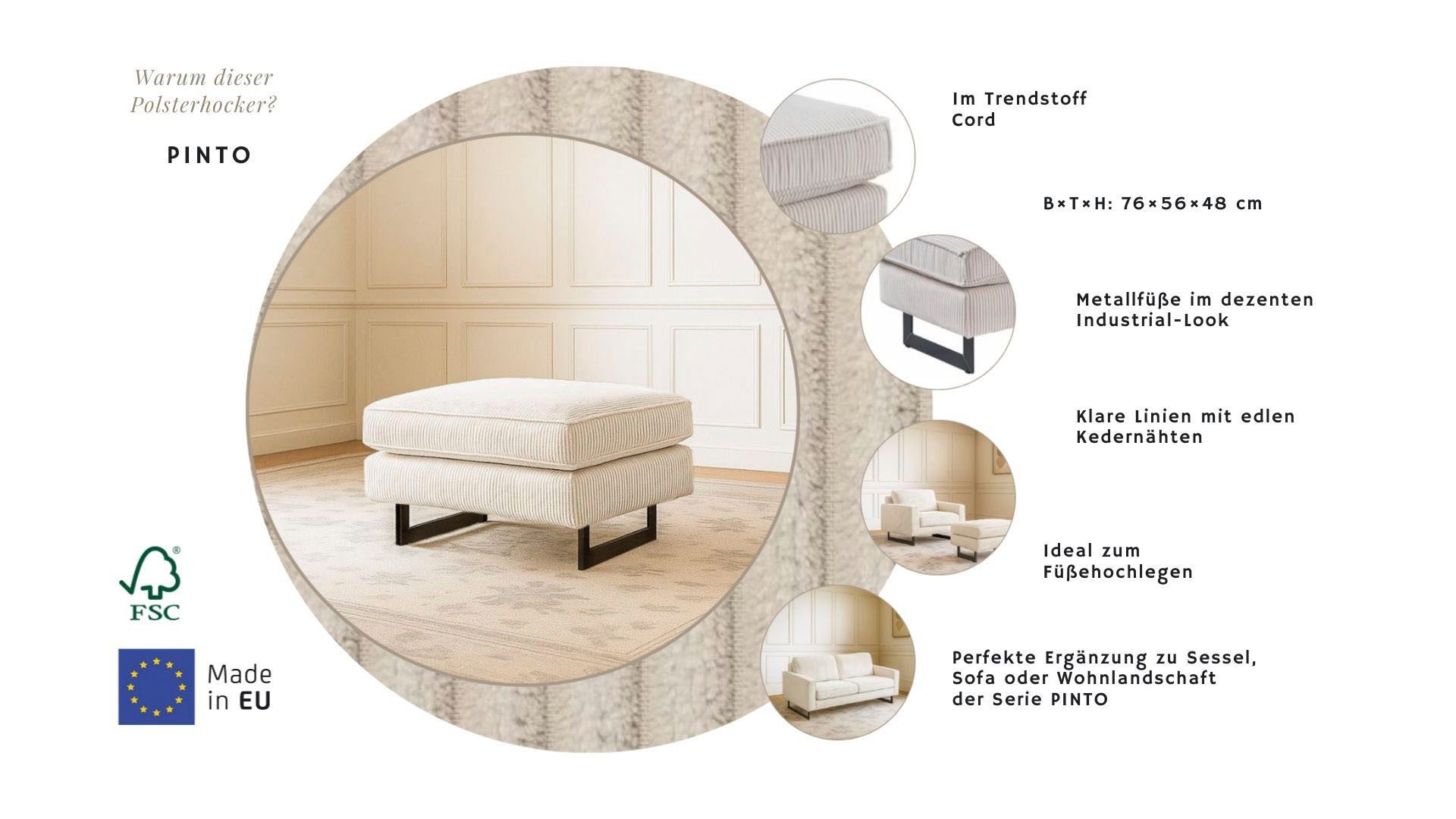 Home affaire Polsterhocker Pinto, mit Keder, Metallfüßen und auch in Cord Bezug erhältlich