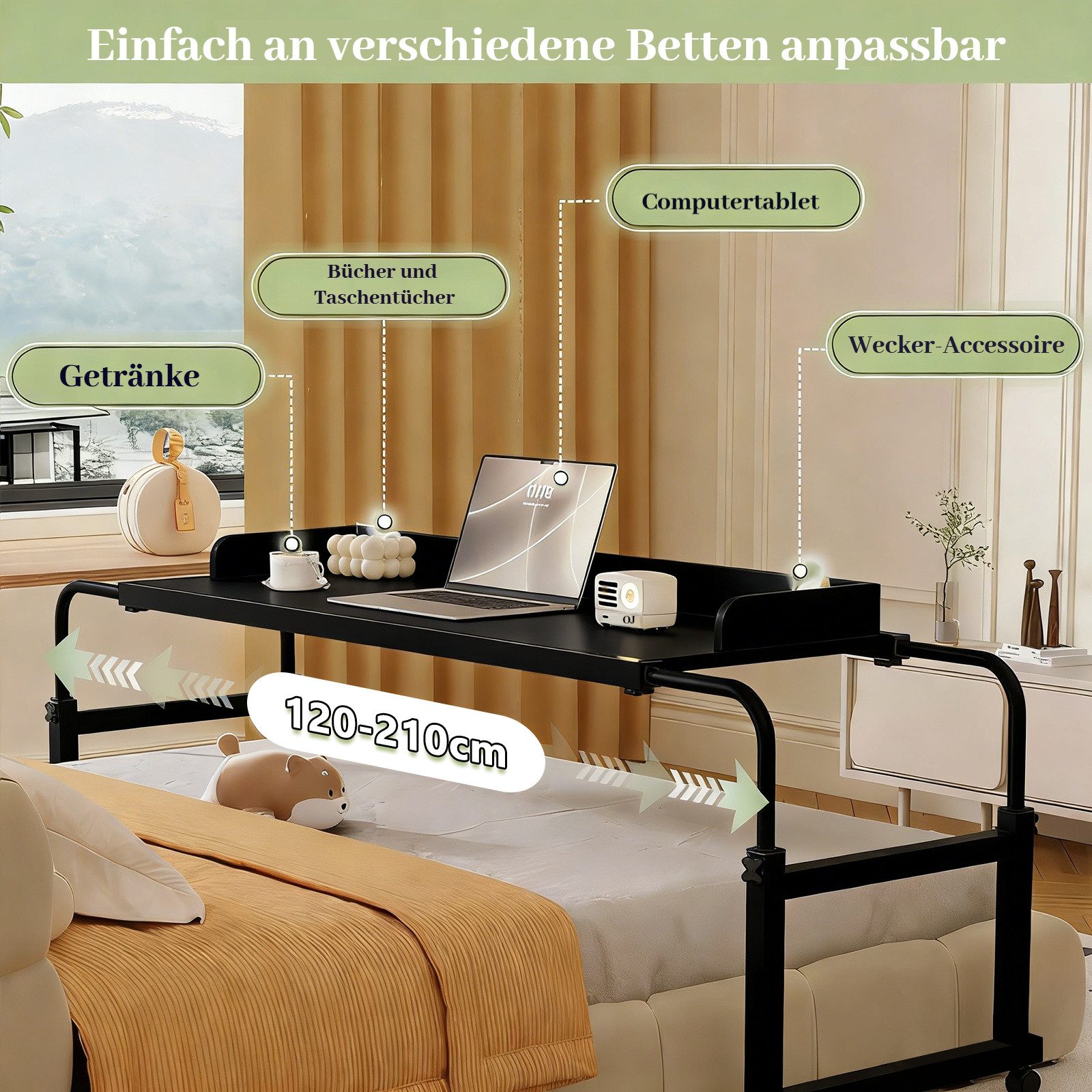 BlingBin Wangentisch Überbetttisch mobiler Betttisch Beistelltisch Laptoptisch mit 4 Rollen (1er Set, 1-St., 120-210 x 45 x 65-95 cm (L x B x H), Höhenverstellbar 65-95CM/Breitenverstellbar 120-210CM für Den Zuhause