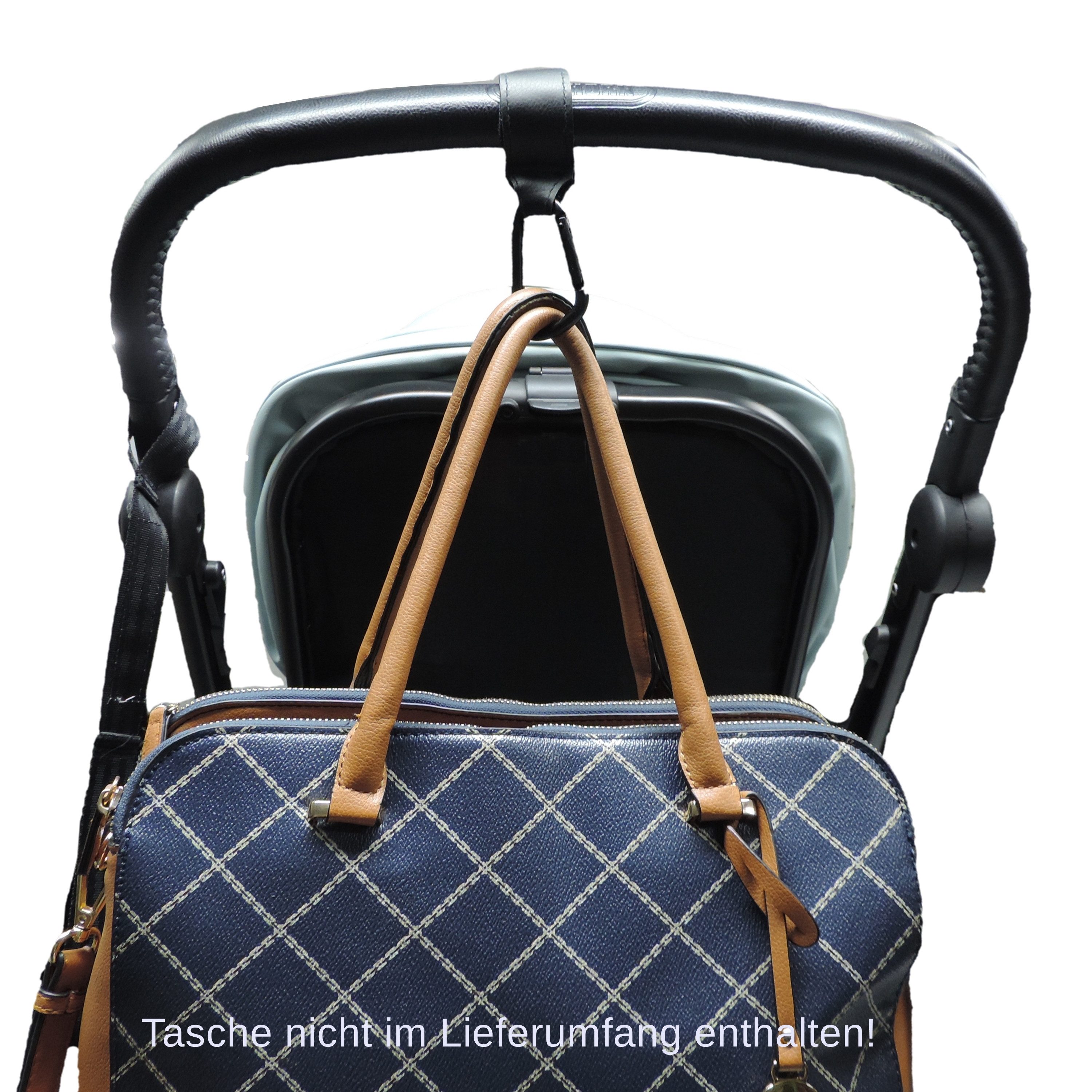 Titaniumbaby Karabiner Kinderwagenhaken StrollerHook - 2 Stück, (Universalhalterung für Taschen, Schirme uvm am Kinderwagengriff), mit Kunstlederschlaufe und Klettbefestigung