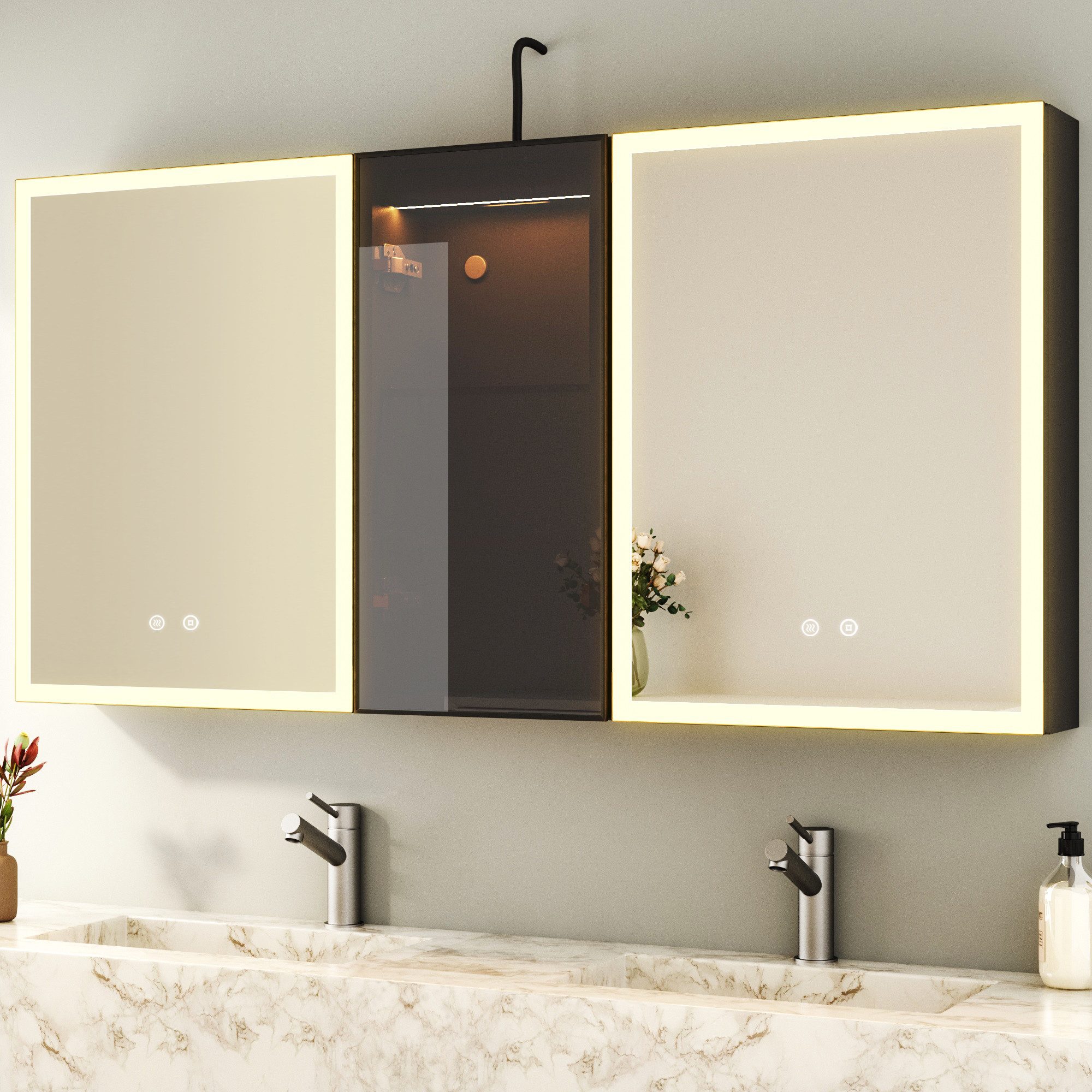 WDWRITTI Badezimmerspiegelschrank mit LED Spiegelschrank Bad mit Beleuchtung 120x60cm 100cmx60cm 3türig (90x60cm Alu-Schranktür, Stahl Schrank-Korpus, Doppel Spiegel, Kalt/Neutral/Warmweiß, Dimmbar, Anti-Fog, Speicherfunktion) vormontiert geliefert, Wandmontage, Eingebautemontage, mit Netzadapter