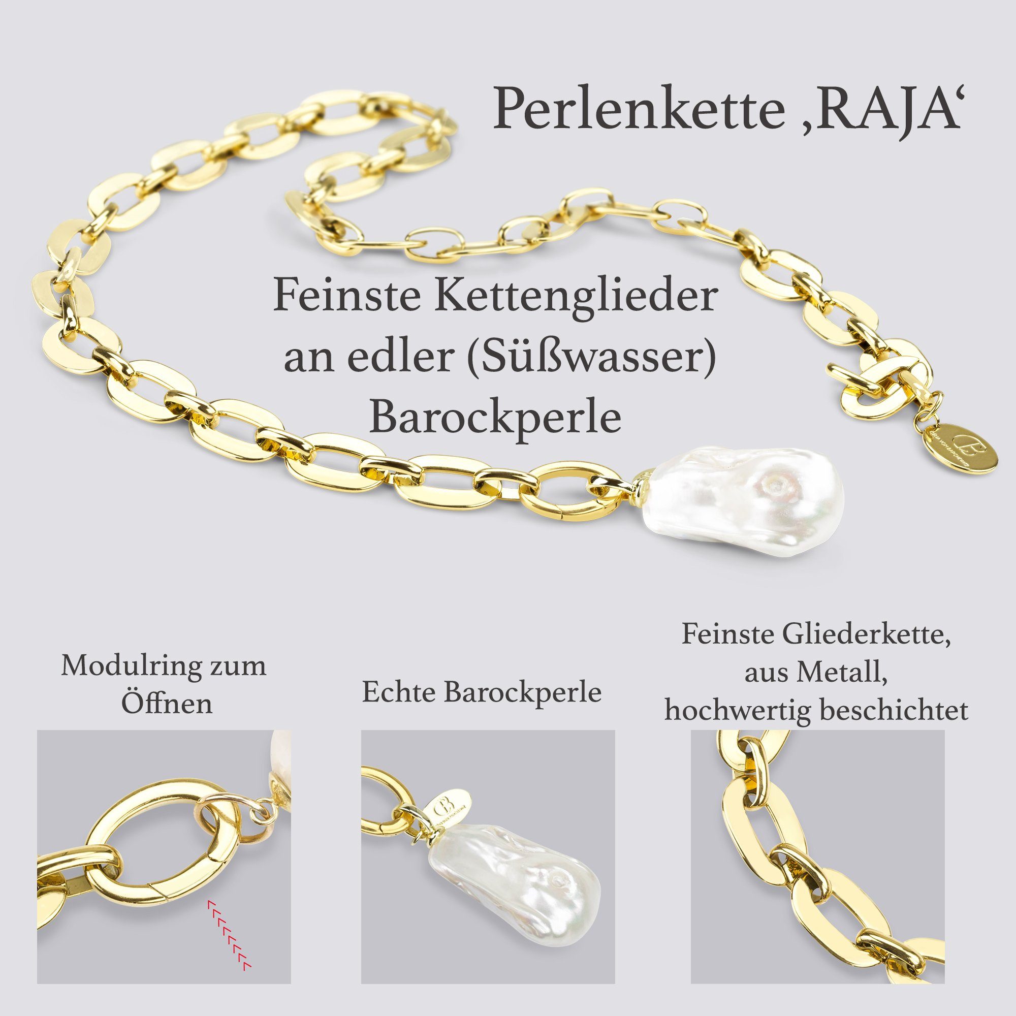 Celia von Barchewitz Gliederkette "RAJA", Damen Perlen-Halskette kurz, Länge ca. 70 cm, Anhänger abnehmbar oder austauschbar