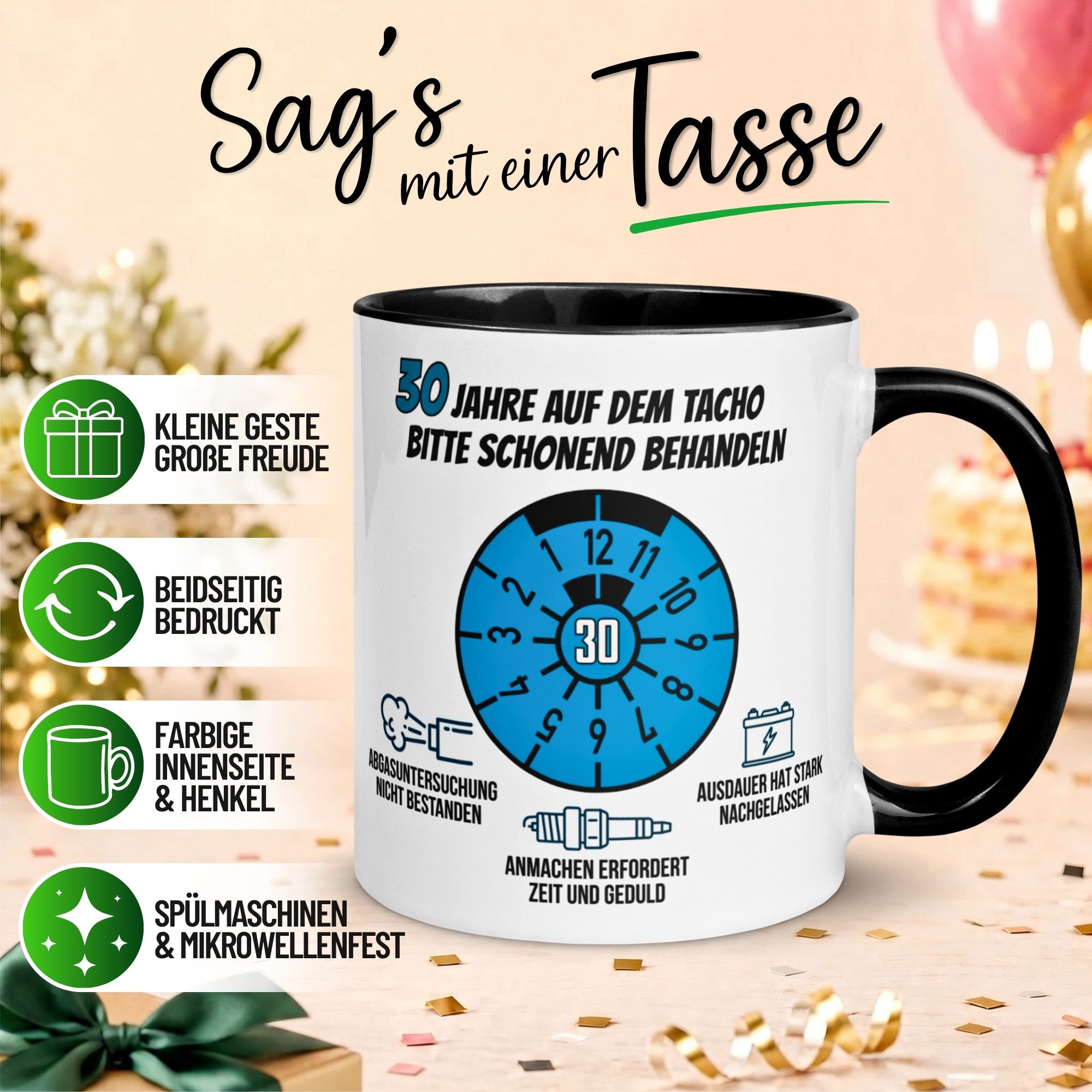 Momentals Tasse 30. Geburtstag Mann – „30 Jahre auf dem Tacho - Schonend Behandeln“, Gratis Versand · Links-&Rechtshänder · Spülmaschinenfest