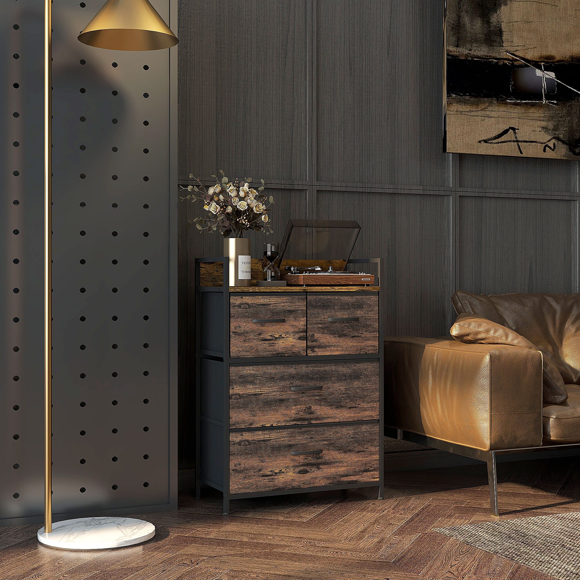 HOMCOM Kommode mit 4 Faltbaren Schubladen aus Stoff, Regal und Griff (Aufbewahrungsschrank, 1 St., Sideboard), für Wohnzimmer, Braun