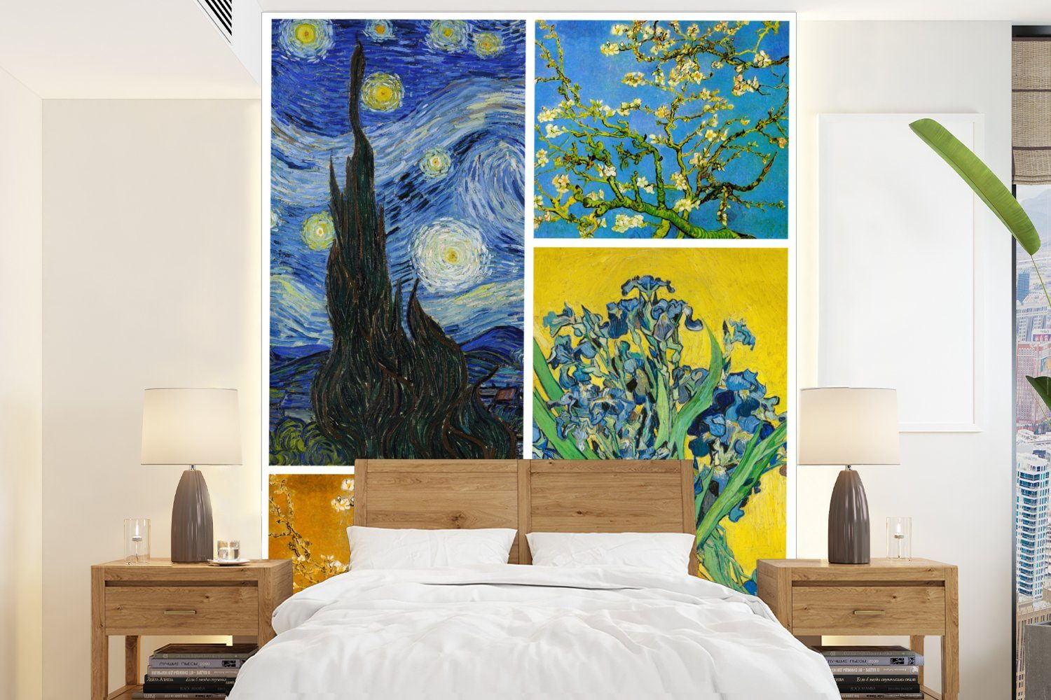 MuchoWow Fototapete Collage - Van Gogh - Sternennacht, Matt, bedruckt, (4 St), Montagefertig Vinyl Tapete für Wohnzimmer, Wandtapete