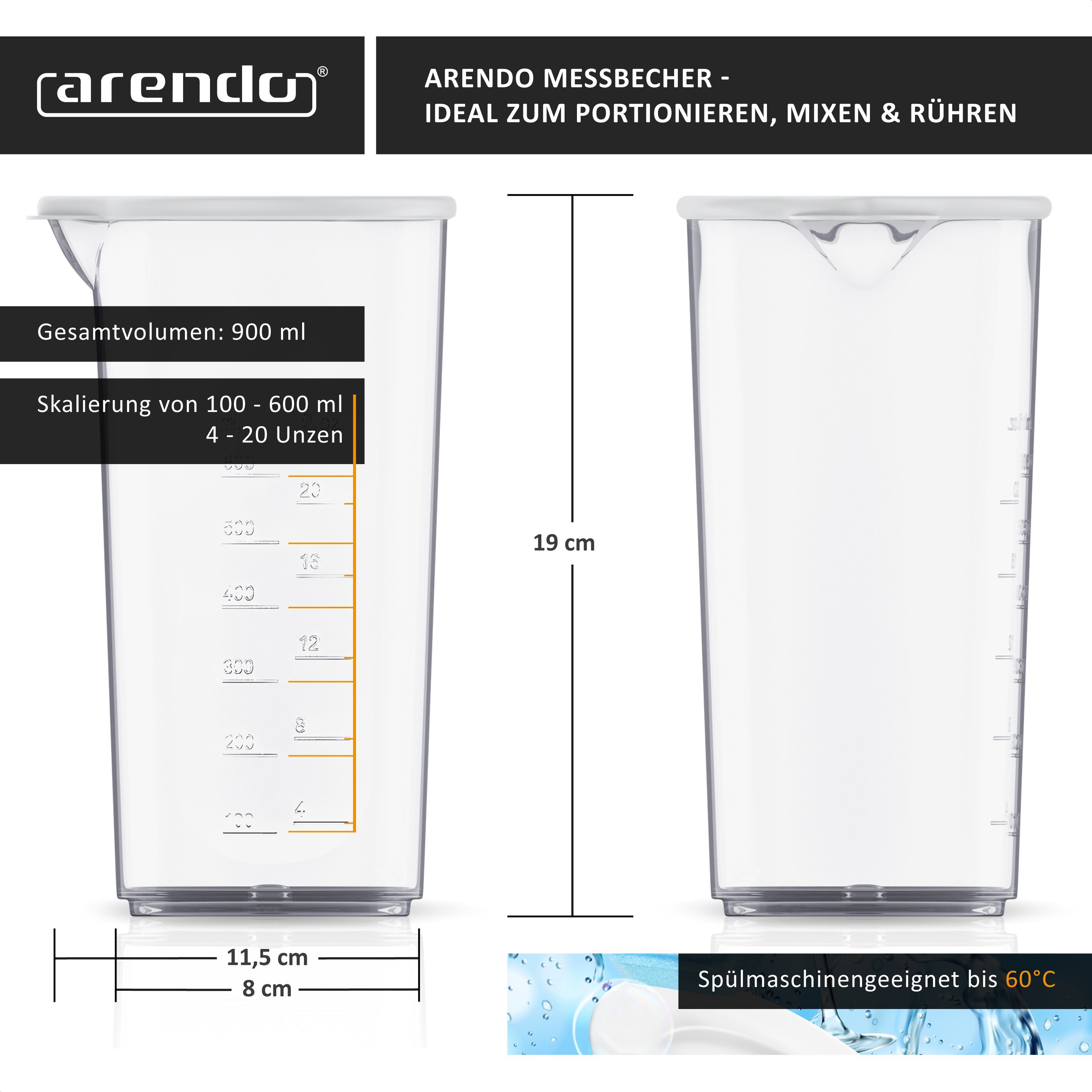 Arendo Messbecher, Kunststoff, 600ml, ideal transparent elektrische Handrührer Handmixer für und