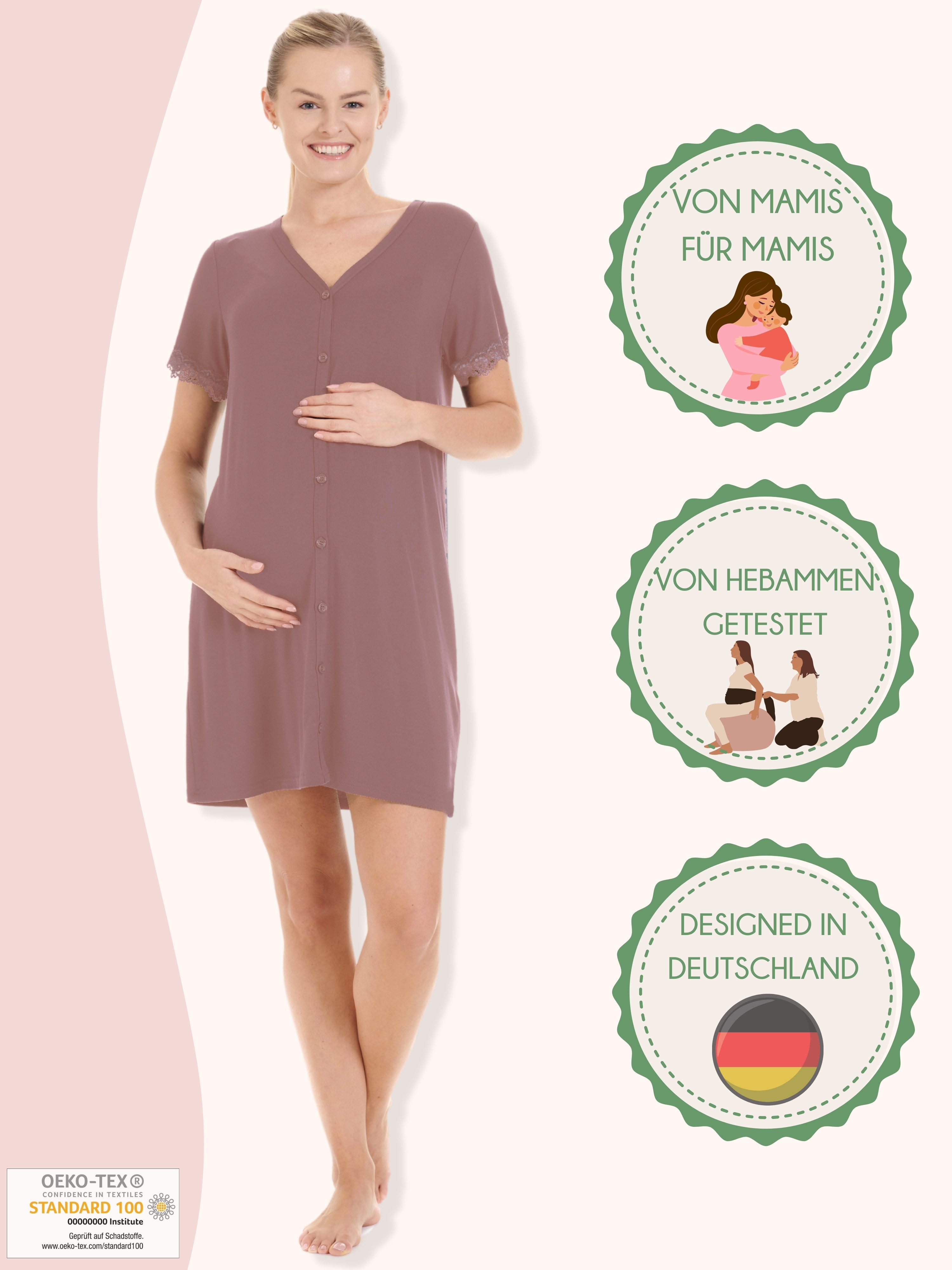 Herzmutter Umstandsnachthemd Stillnachthemd - Knopfleiste - Wochenbett-Geburt Schwangerschaftsnachtkleid