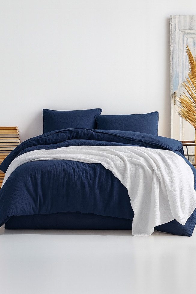 Sandiik Bettwäsche Musselin Bettwäsche in Nachtblau blau mit Reißverschluss, Biobaumwolle