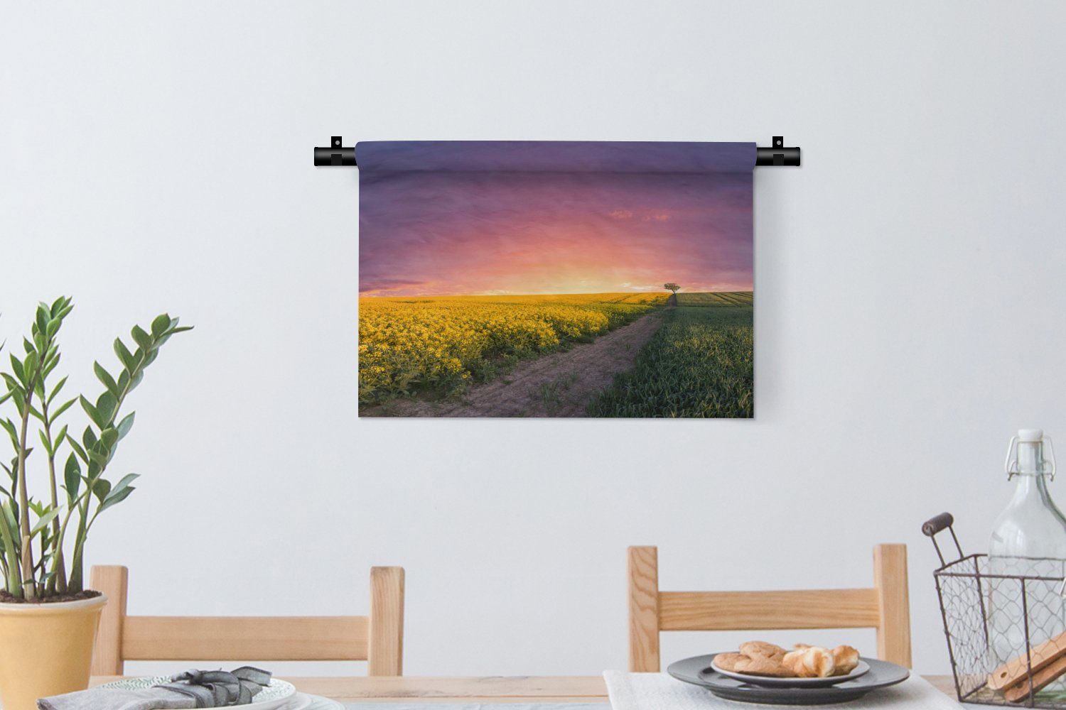 Himmel für - MuchoWow Wanddekoobjekt Lila Gelb Straße Blumen Sonnenuntergang Wandbehang, - - - Kleid, Wohnzimmer, - Schlafzimmer, Natur, Kinderzimmer Wanddeko -