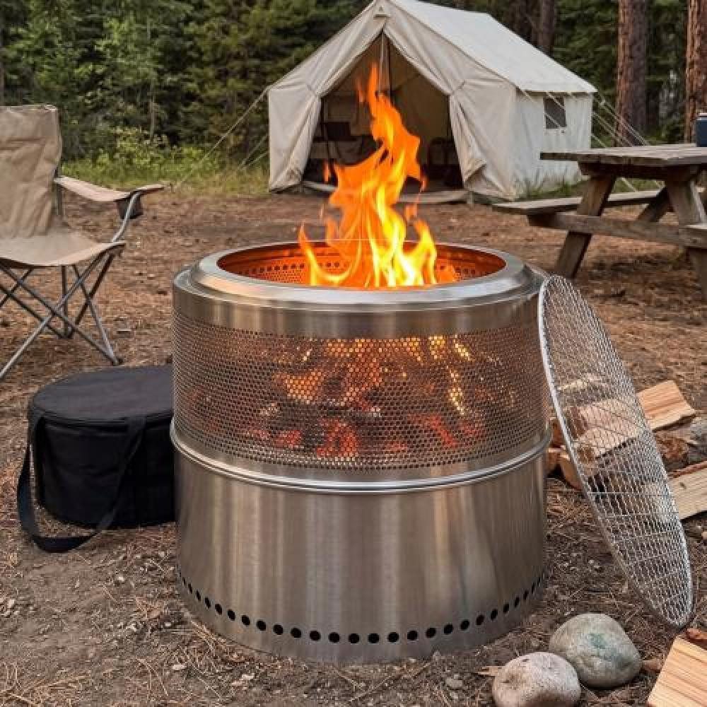 BBWL Grillkamin Rauchfreie Feuerstelle Edelstahl tragbar 49,5cm Holzfeuerstelle, Grill Feuerkorb Outdoor Kamin für Garten Terrasse Camping