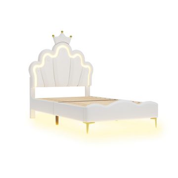 MODFU Polsterbett kronenförmiges Prinzessinnenbett, weiche Polsterung aus kunstleder (Polsterung aus kunstleder, verstellbarer LED-Umgebungslichtstreifen, Flaches Doppelbett 90*200cm), ohne Matratze