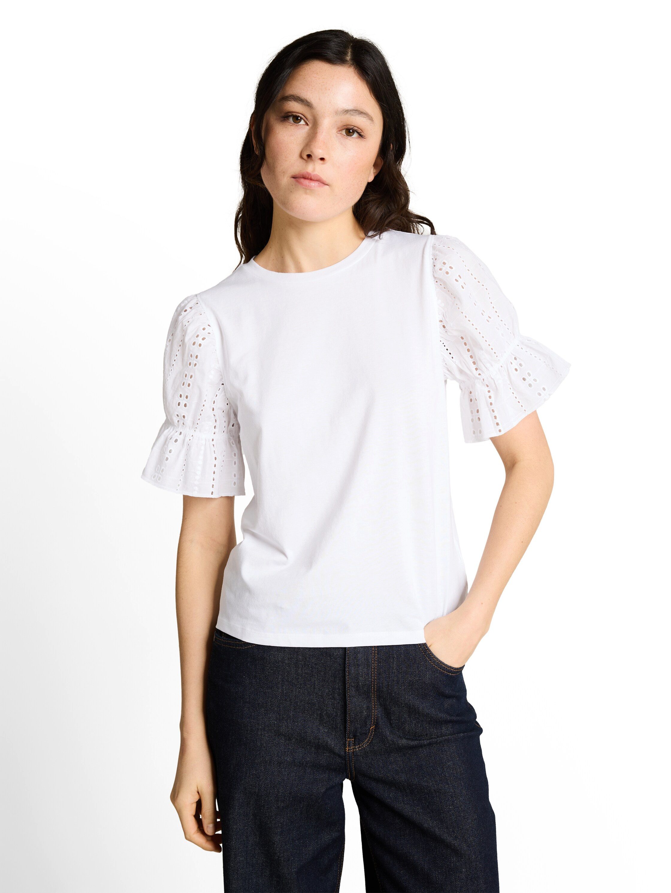 TOM TAILOR Denim Rundhalsshirt Sommershirt mit Häkel-Ärmel