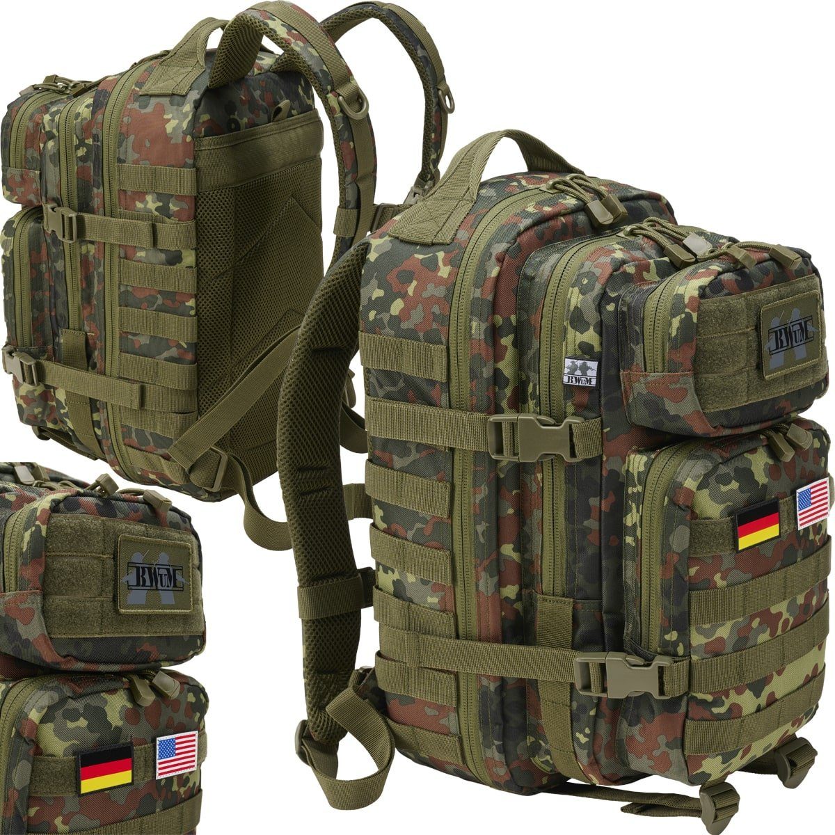 BWuM Trekkingrucksack BWuM US Assault Pack Cooper Rucksack + Patch & Flaggen Flecktarn | Wanderrucksäcke