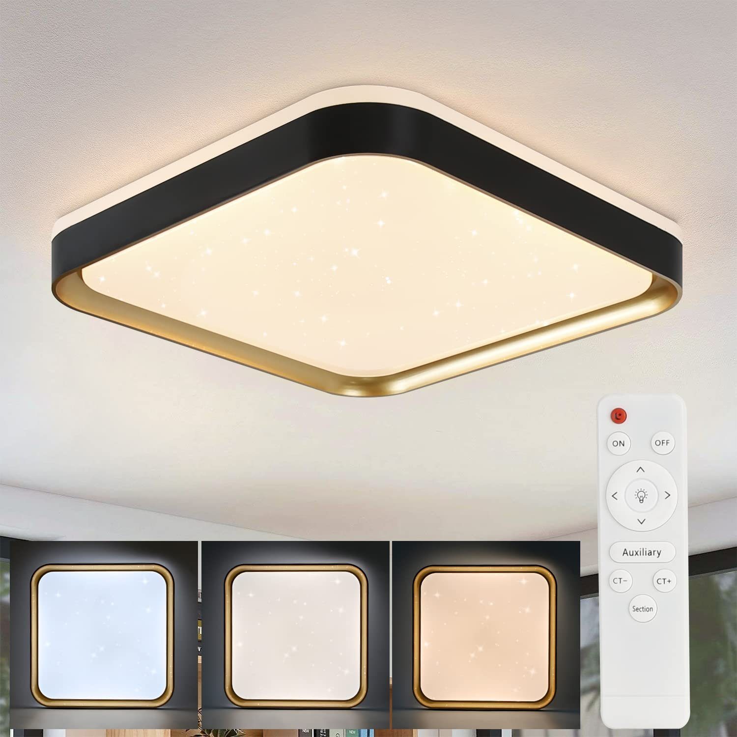 ZMH Deckenleuchten Eckige Sternenhimmel-Design 30cm Eckig mit Schweizgold warmweiß-kaltweiß, Schwarzgold 32W, fest integriert, dimmbar, CCT Fernbedienung LED