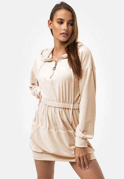 enflame Shirtkleid Long Oversized Hoodie Dress Nicki Velours Kapuzen Pullover Kleid (lang, 1-tlg) 3874 in Beige