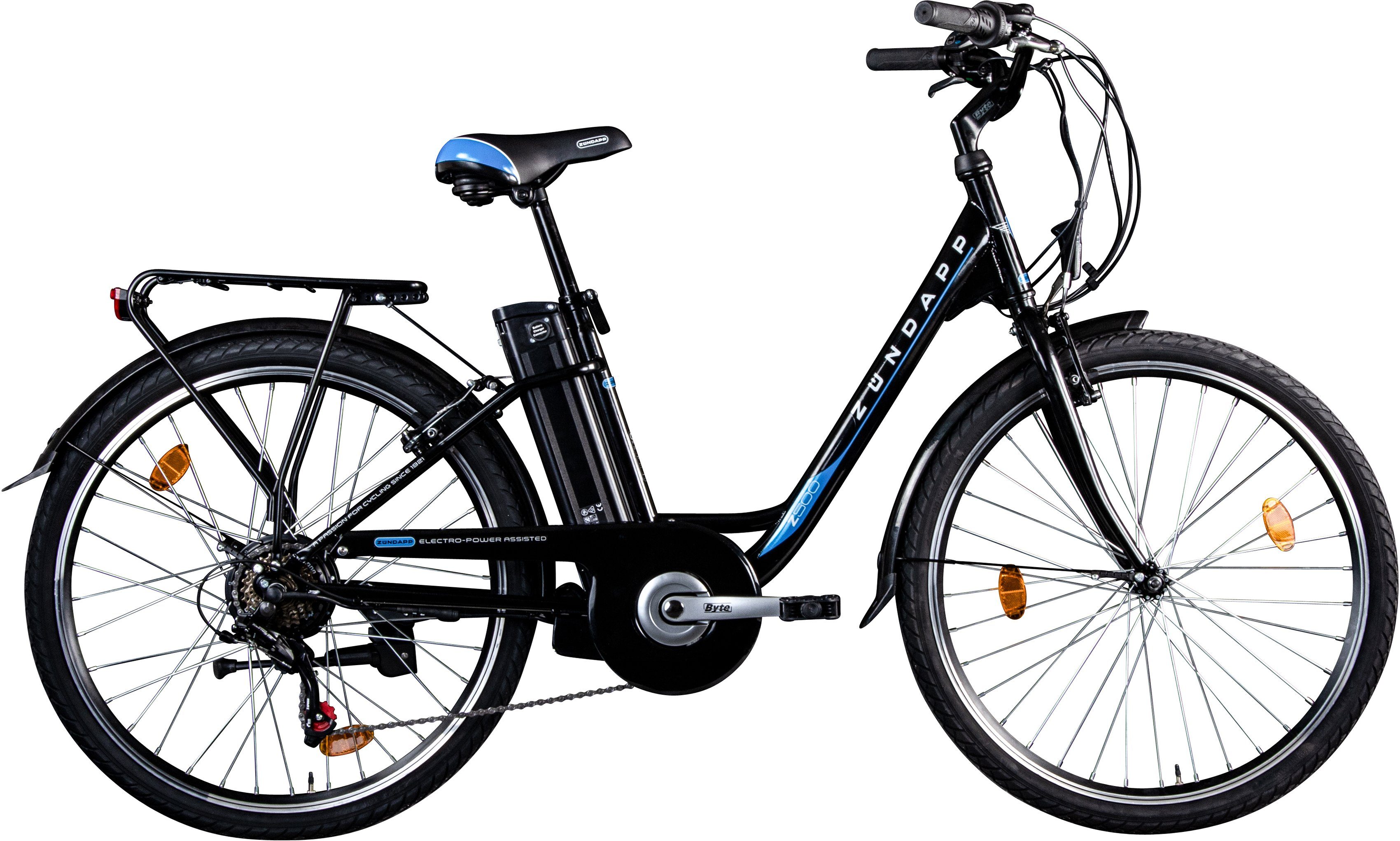 Zündapp E-Bike Cityrad Z505, 6 Gang Shimano Tourney Schaltwerk, Kettenschaltung, Heckmotor, 374 Wh, Pedelec, Elektrofahrrad für Damen u. Herren