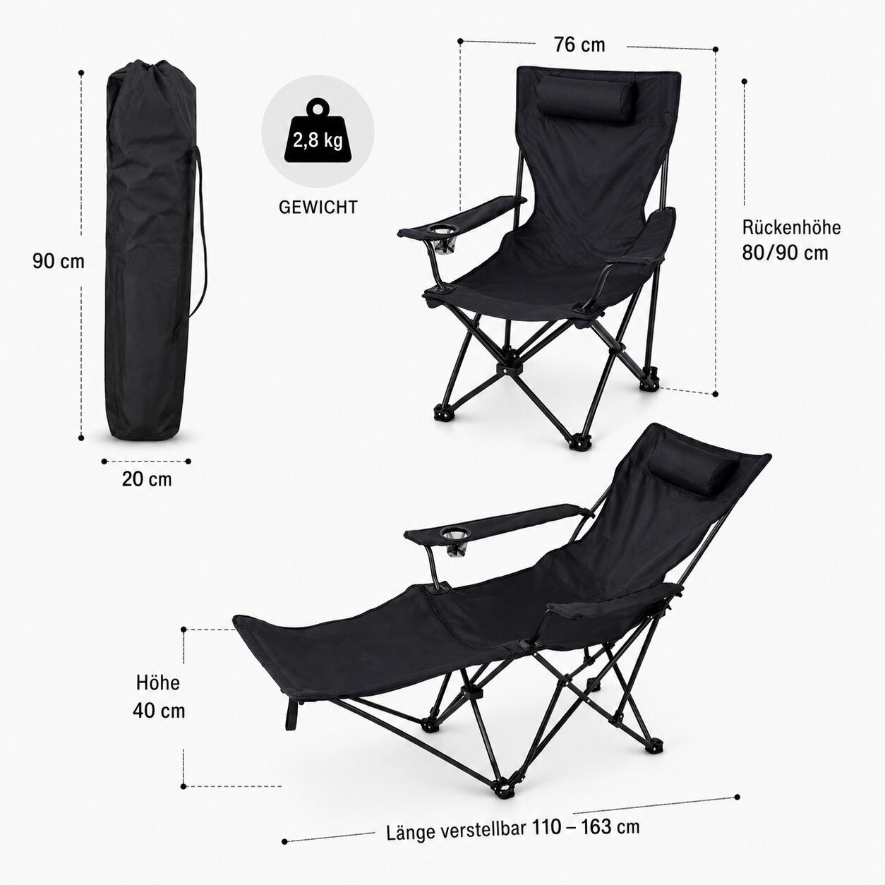 BigDean Faltstuhl Verstellbarer Campingstuhl mit Fußablage Faltbar Tragetasche (Packung, 1 St), Verstellbare Hohe Rückenlehne, Getränkehalter, 130kg Tragkraft