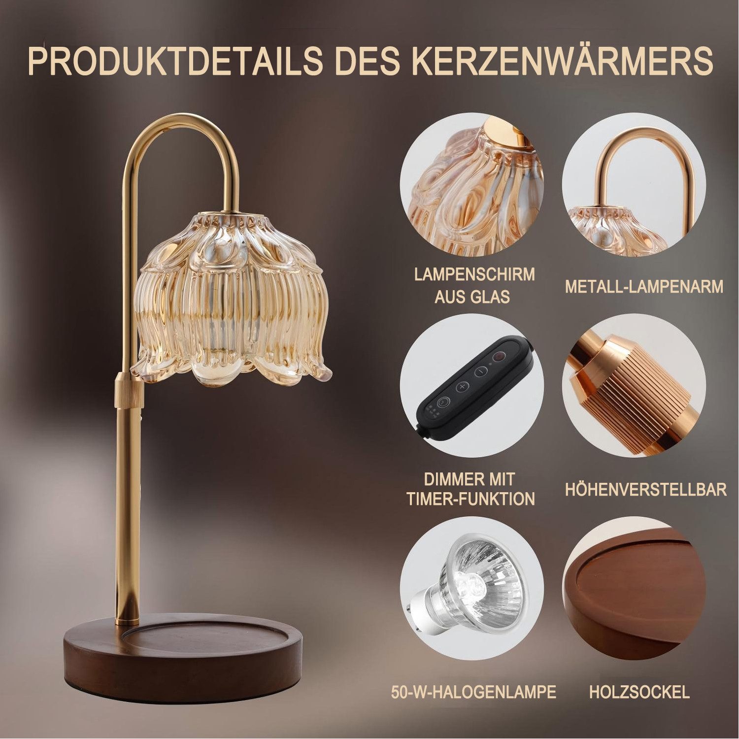 Futicare LED Nachttischlampe Kerzenwärmer Lampe mit Dimmer & Timer – Duftlampe ohne offene Flamme, Tischlampe für Schlafzimmer & Wohnzimmer, Candle Warmer für D – Bild 3 von 5