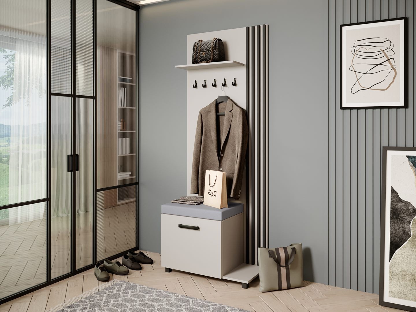 Beautysofa Garderobenschrank Garderobenschrank mit Aufhängern LIVIA (Mit eleganten Kleiderbügeln) mit Verschließbarer Schuhschrank
