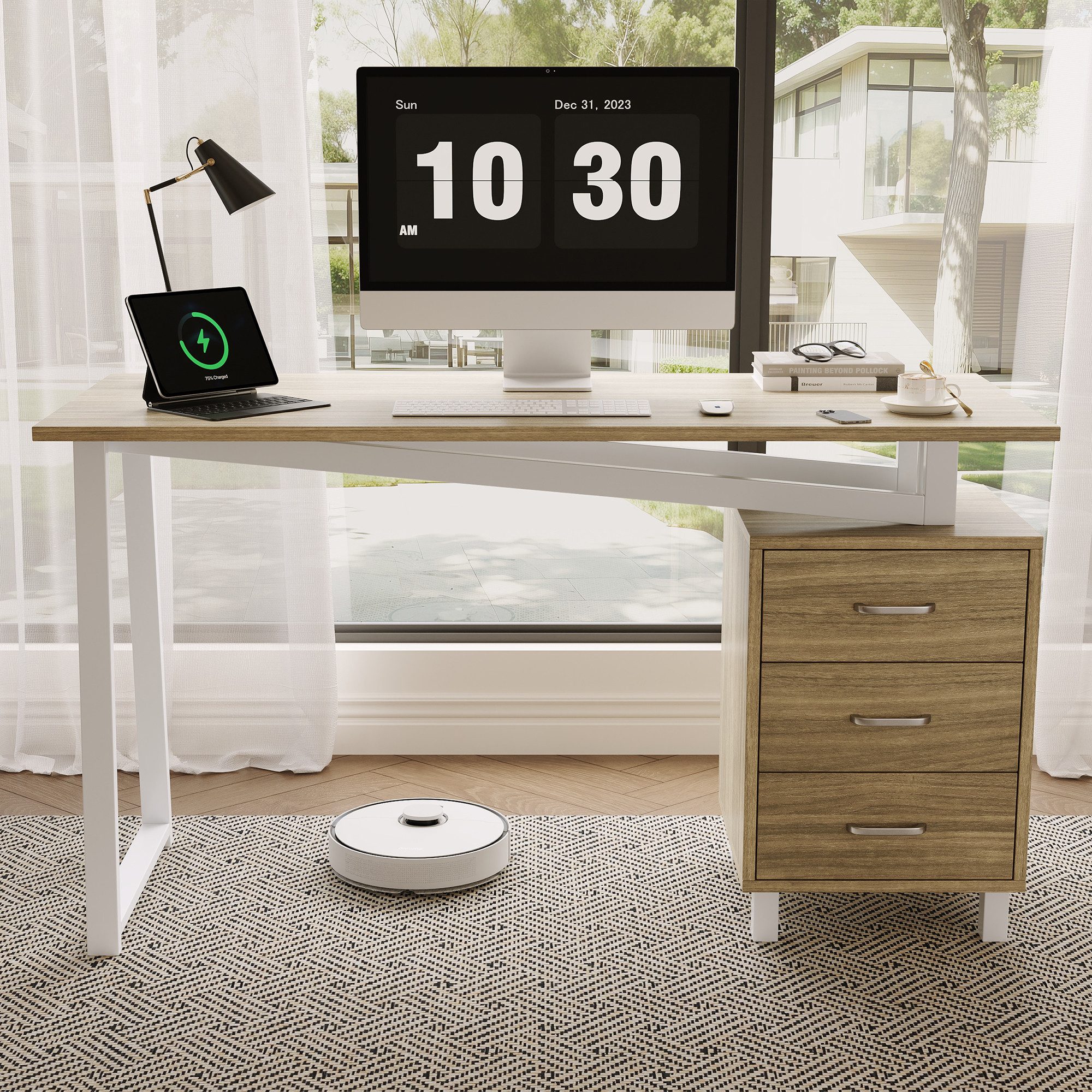 Flieks Schreibtisch rechteckiger Computertisch mit 3 Schubladekommode Holzoptik (Tisch aus MDF in Natur & weiße Stahlgestell, 1-St., 130x55x75 cm), Arbeitstisch Gaming-Schreibtisch Bürotisch mit Stauraum