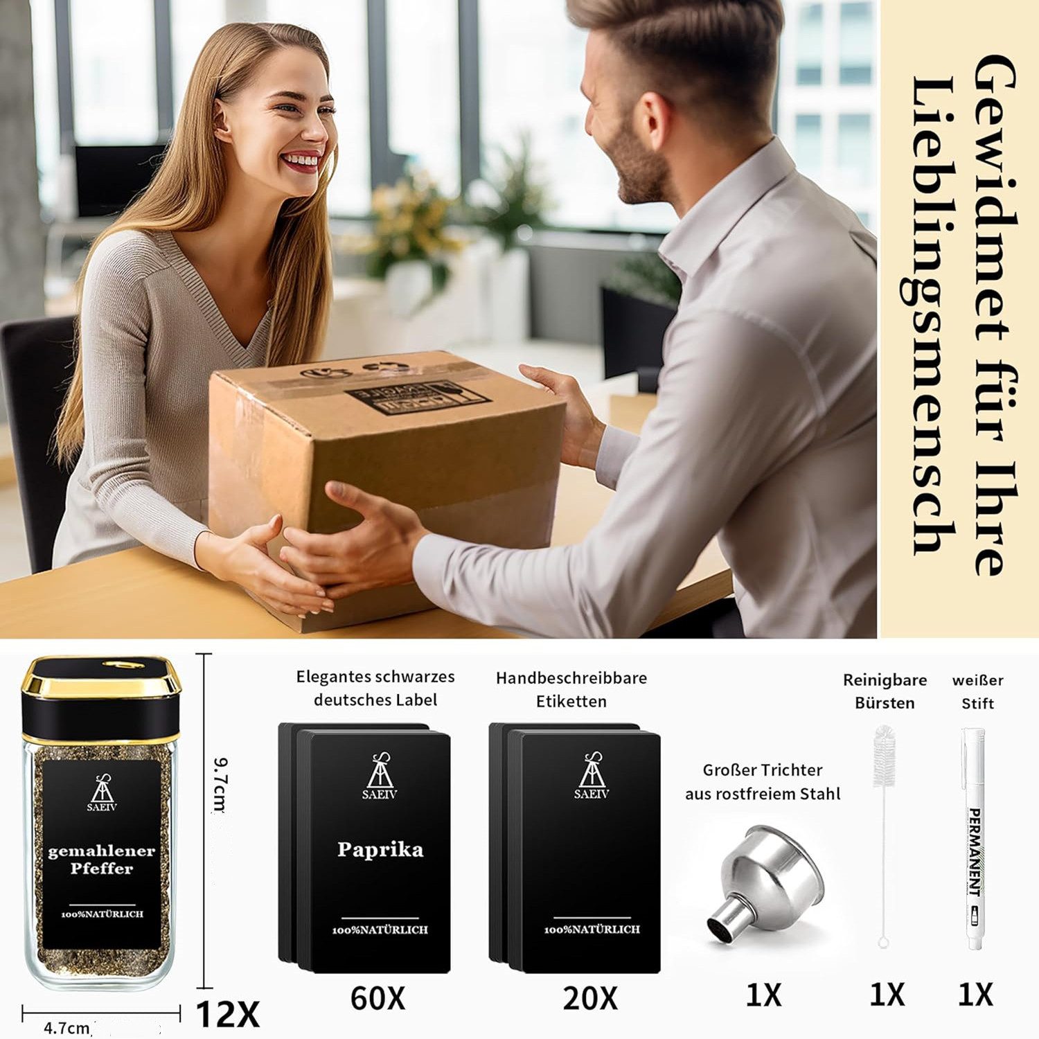KingLux Gewürzbehälter 360° Rotation 120ml Gewürzgläser Eckig Set, Drei Kaliber, borosilikatglas, (Set, 12-tlg) – Bild 5 von 5