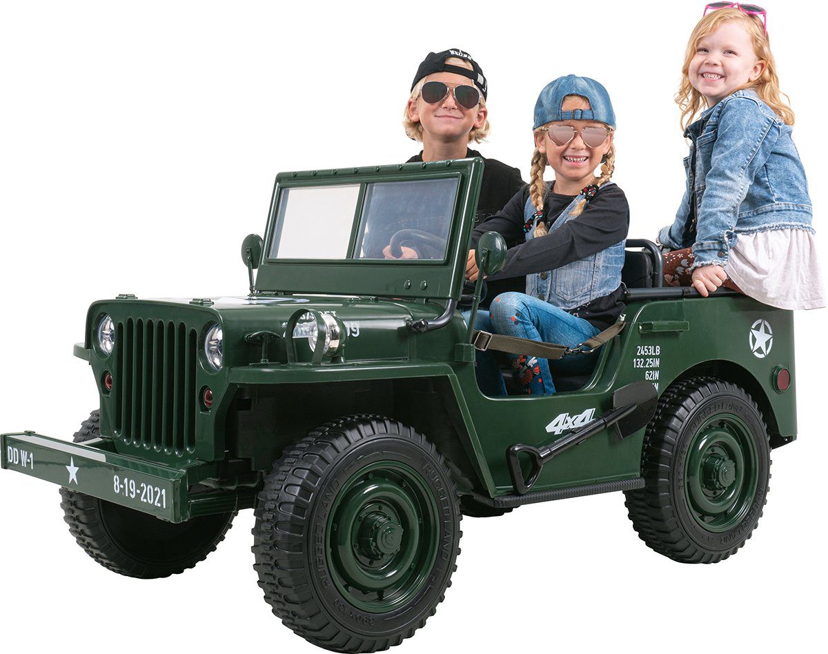Actionbikes Motors Elektro-Kinderauto Jeep Willys - elektrisches Kinder Fahrzeug mit Fernbedienung, Kinderelektroauto Spielzeug ab 3 Jahre - Sicherheitsgurt - USB