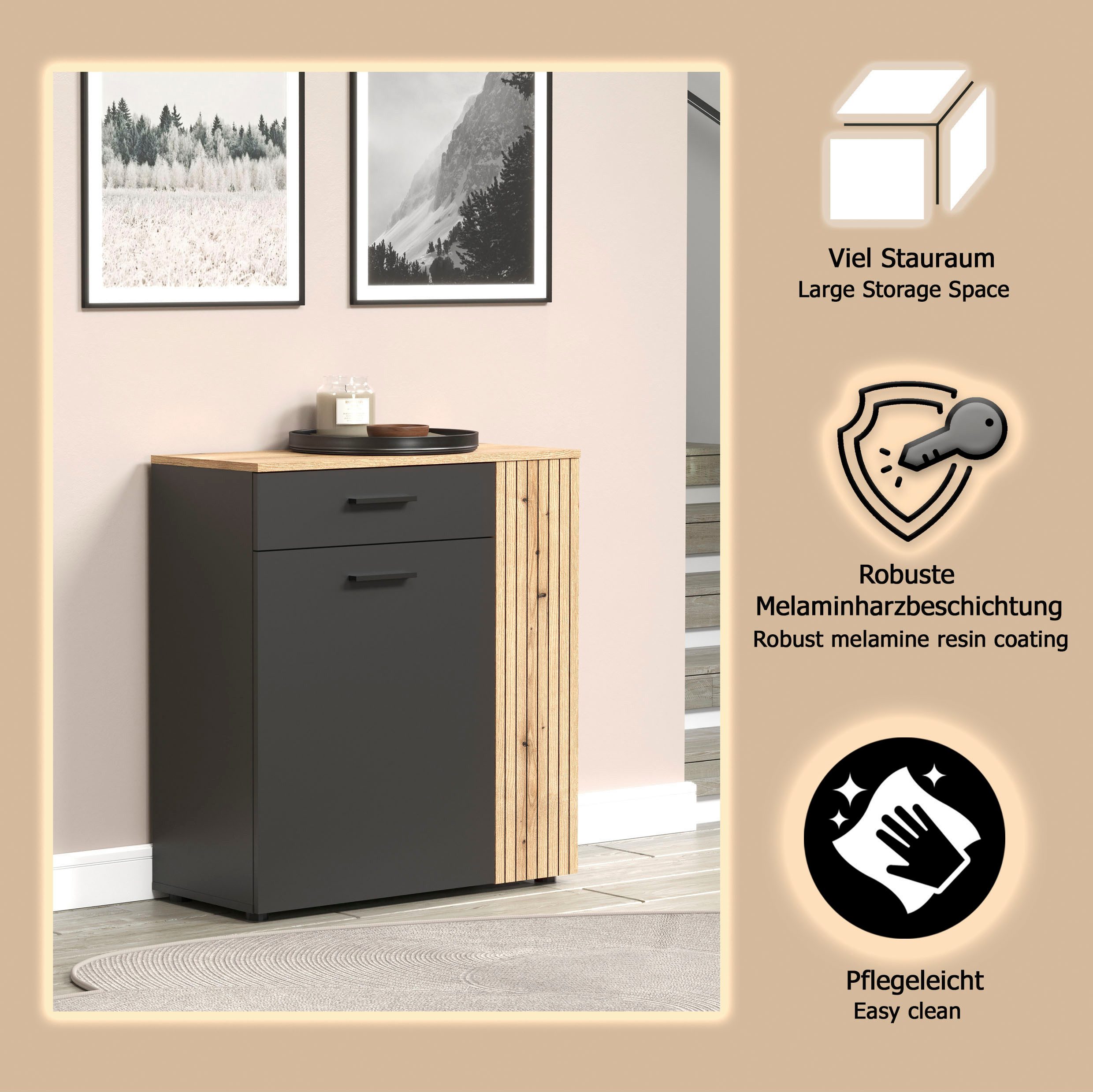 Home affaire Schuhschrank Estepona (1-St) Schuhkommode mit 2 Türen und Schubkasten – (B/T/H) 80/36/88 cm