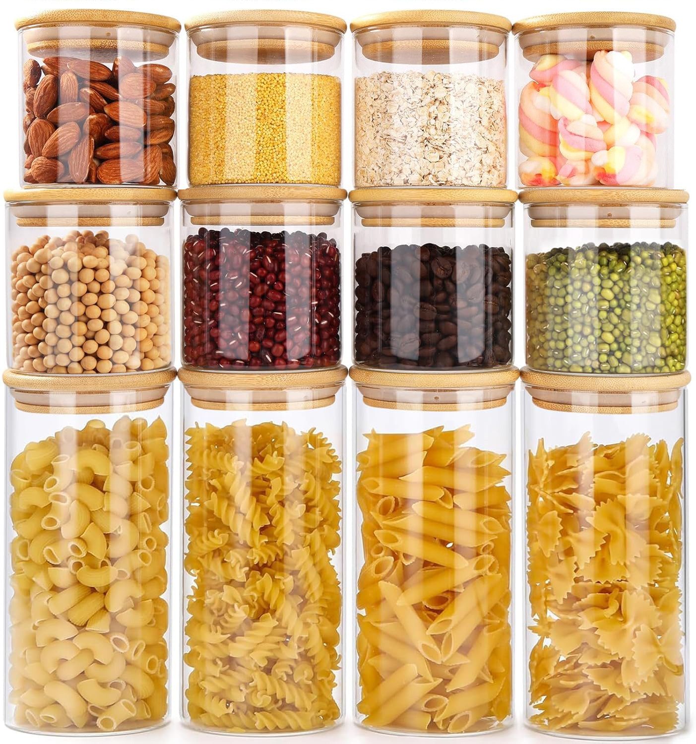 Simloveve Vorratsglas Vorratsgläser mit Deckel, 12er Set Vorratsdosen Glas, (12-tlg), mit Bambusdeckel, für Kaffeebohnen, Nüsse, Nudeln & Pasta