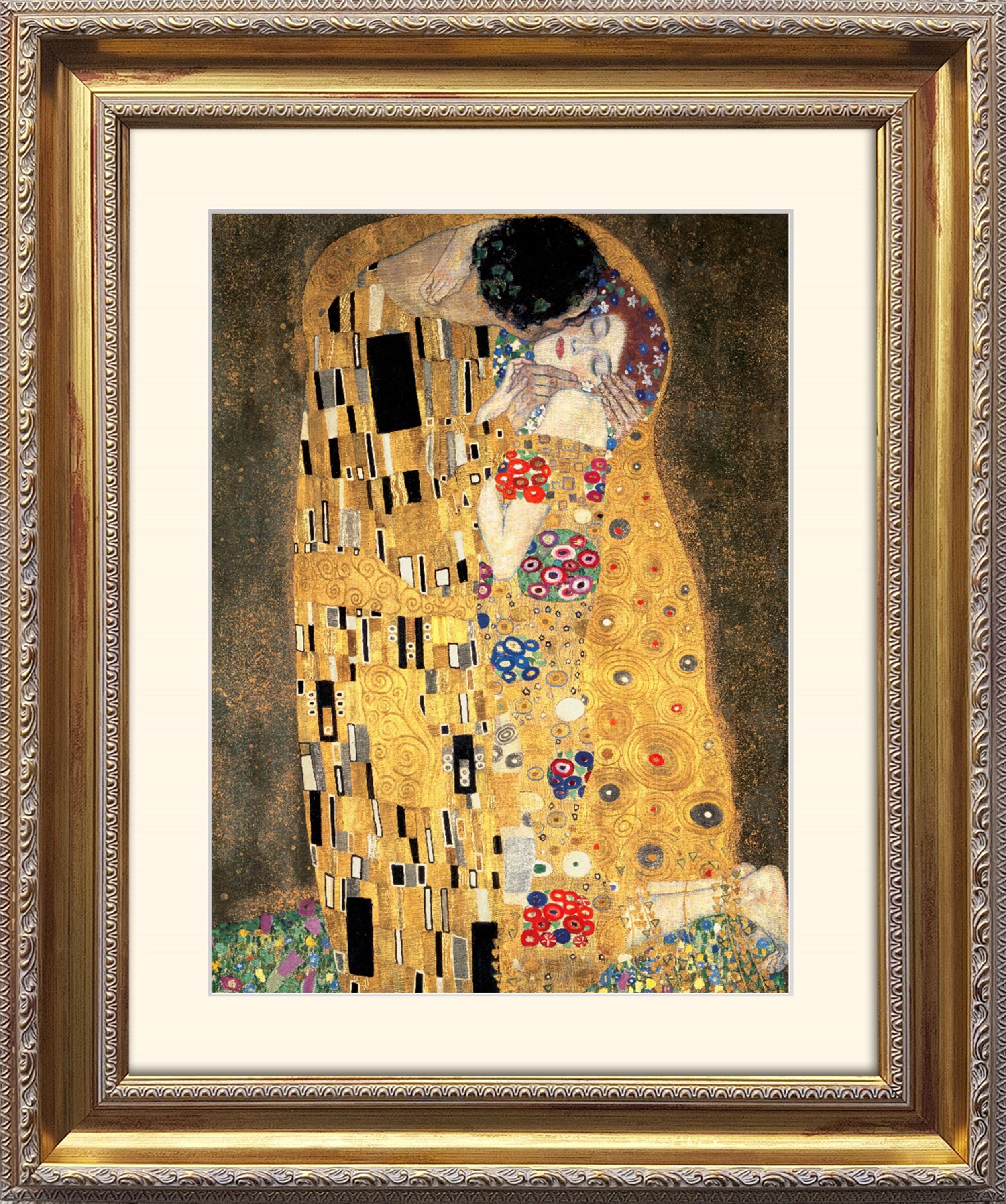 artissimo Bild mit Rahmen Klimt Bild mit Barock-Rahmen / Poster gerahmt 63x53cm / Wandbild, Gustav Klimt: Der Kuss Detail