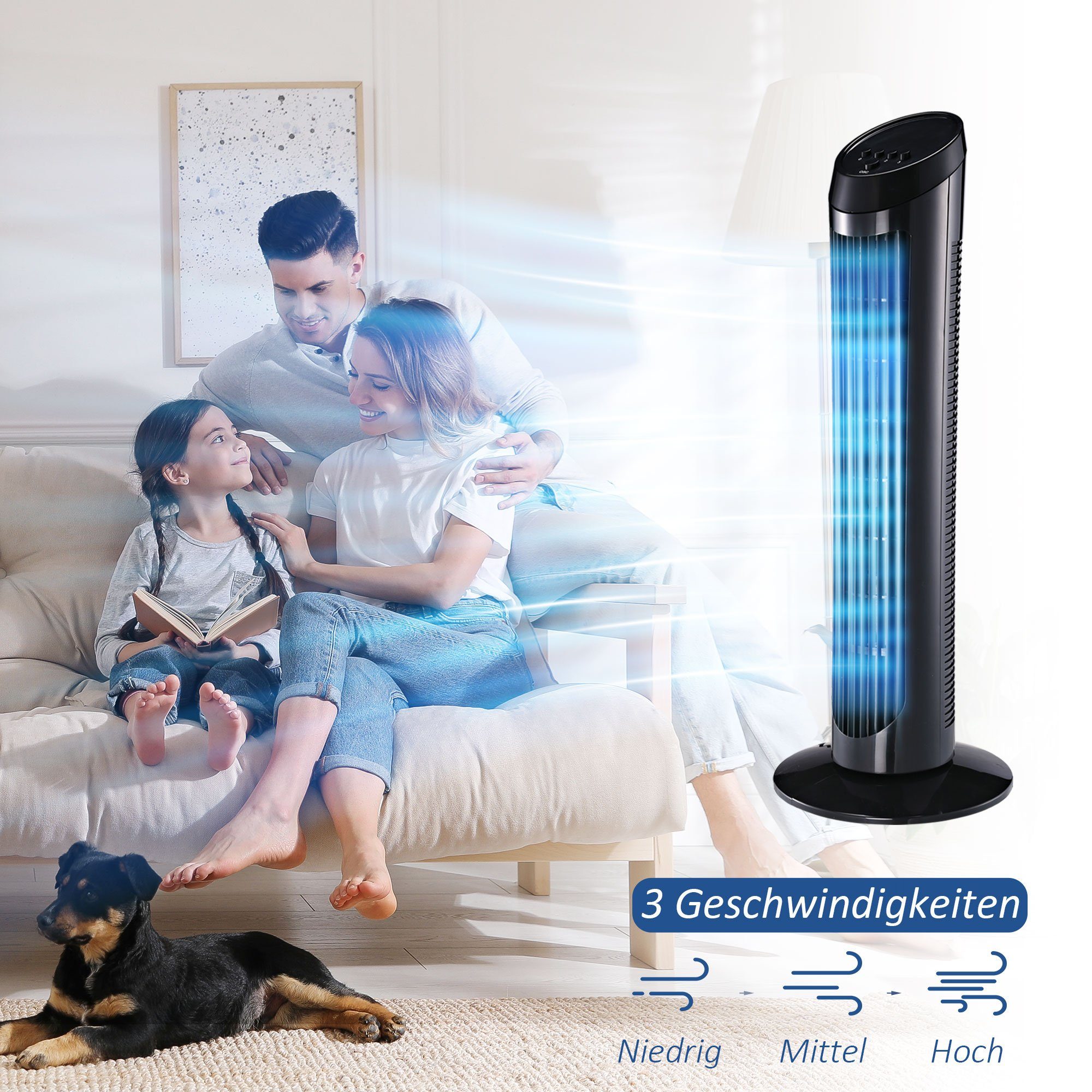 HOMCOM Standventilator Standventilator, 45 W, Turmventilator, 3 Belüftungsstufen, für Wohnzimmer, Schwarz